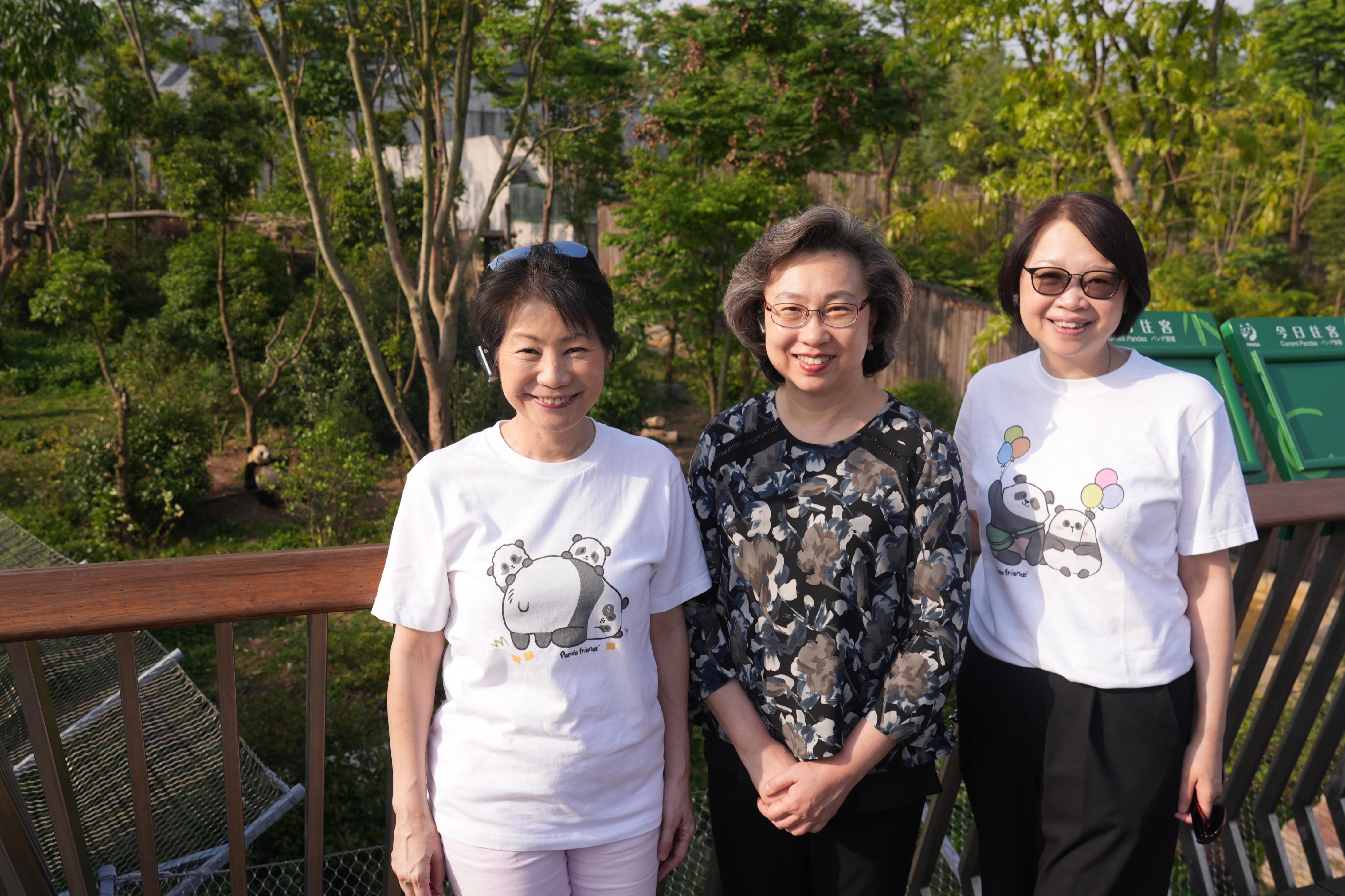 A delegation of Permanent Secretaries and Heads of Departments of the Hong Kong Special Administrative Region Government on a national affairs study today (April 24) continued their itinerary in Chengdu. Photo shows the Secretary for the Civil Service, Mrs Ingrid Yeung (centre); the Permanent Secretary for Culture, Sports and Tourism, Ms Vivian Sum (left); and the Commissioner for Tourism, Mrs Angelina Cheung (right), visiting the Chengdu Research Base of Giant Panda Breeding to learn about the local experiences in cultural tourism promotion. 