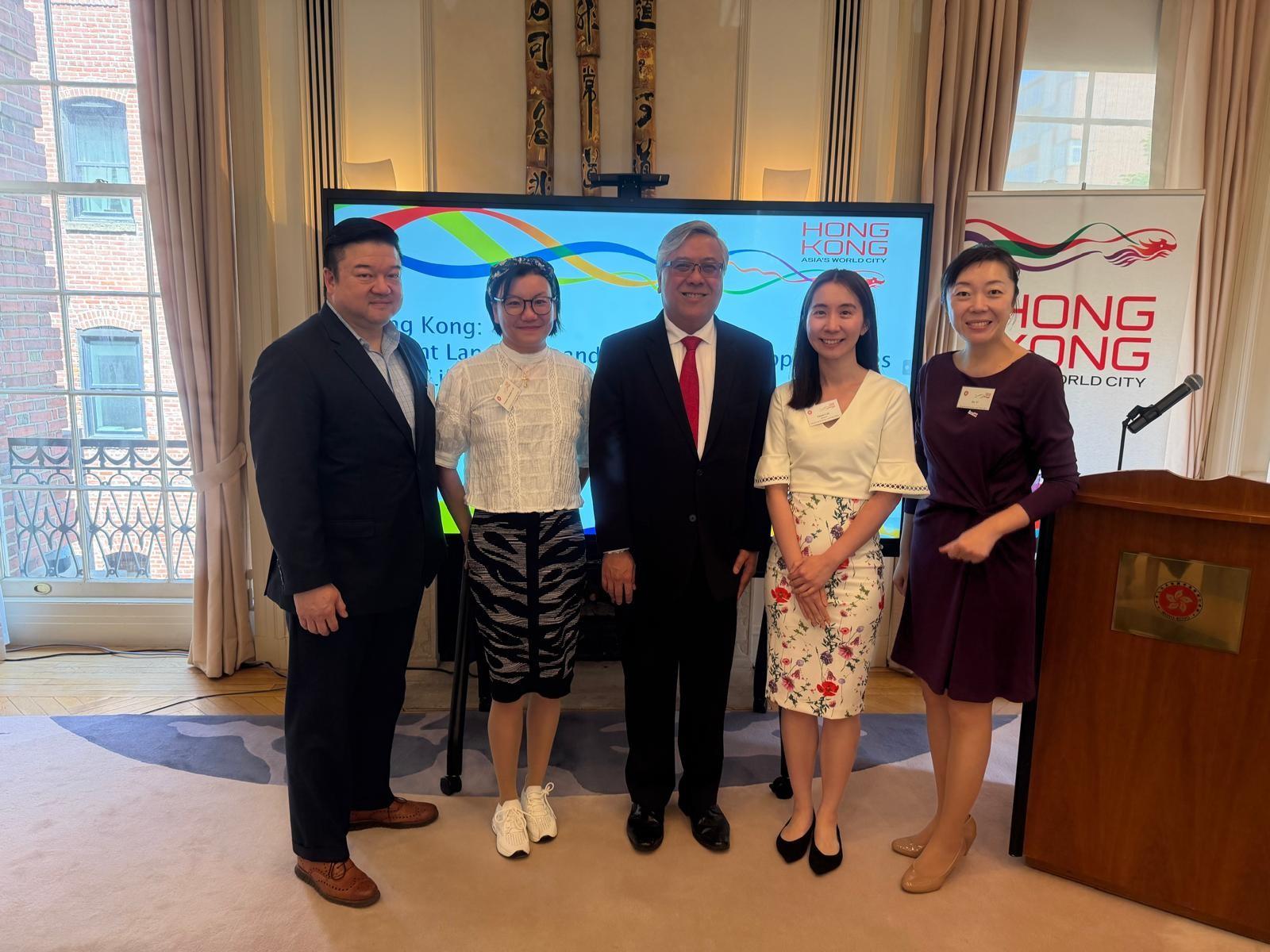 The Hong Kong Economic and Trade Office in Washington, DC (Washington ETO) hosted a forum on April 24 (Washington time) to promote opportunities in the city's life and health sciences industry. Photo shows speakers the Director of the Washington ETO, Ms Elania Luk (second right); the President of the Washington Intergovernmental Professional Organization, Mr Nelson Garcia (centre); the Head of Business and Talent Attraction/Investment Promotion at InvestHK New York Office, Ms Xie Yi (first right); the Director (New York & Midwest) of the HKTDC, Mr Curtis Louie (first left); and co-founder of ElohaX, Professor Jacqueline Lam (second left).