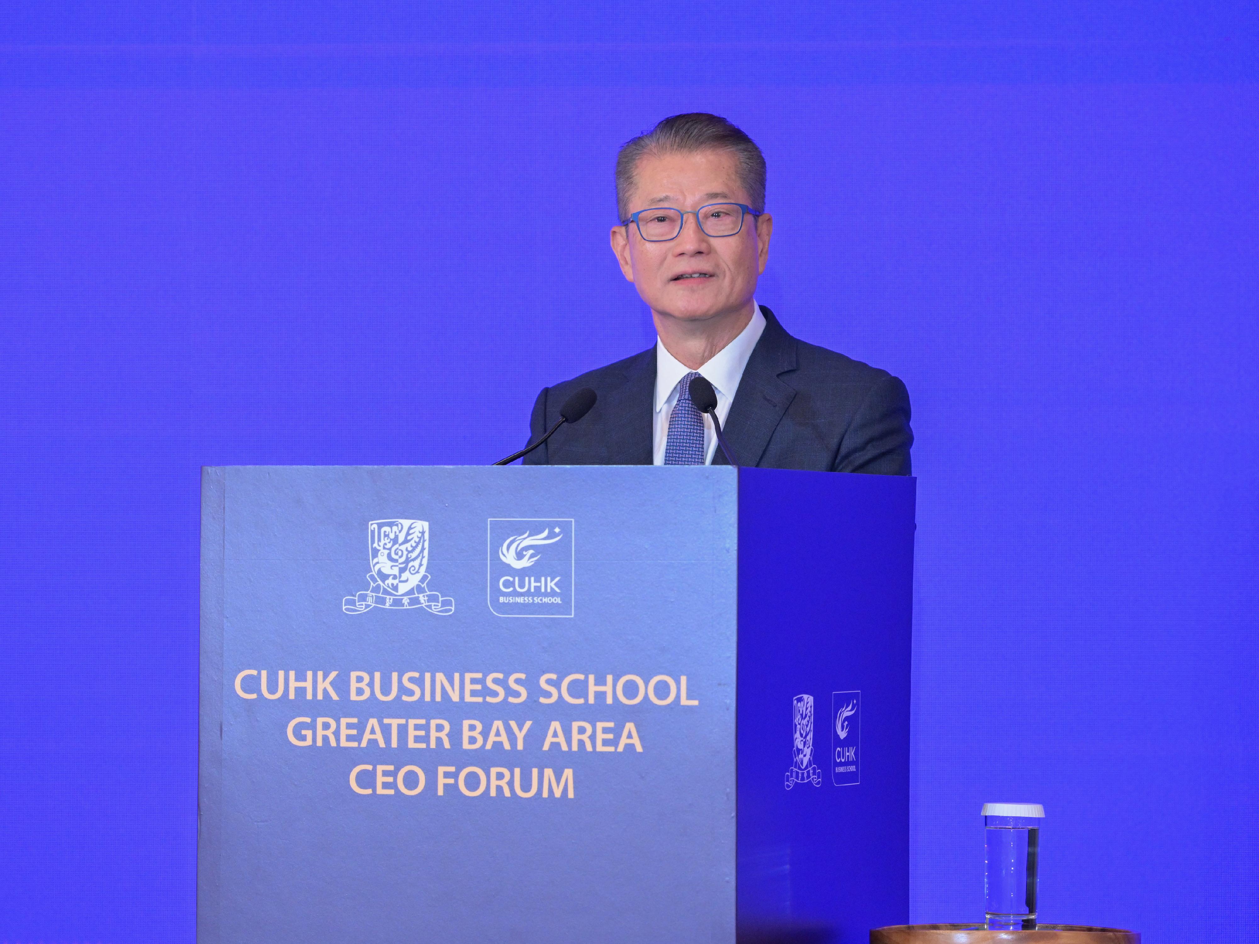 The Financial Secretary, Mr Paul Chan, speaks at the CUHK Business School Greater Bay Area CEO Forum today (April 29).