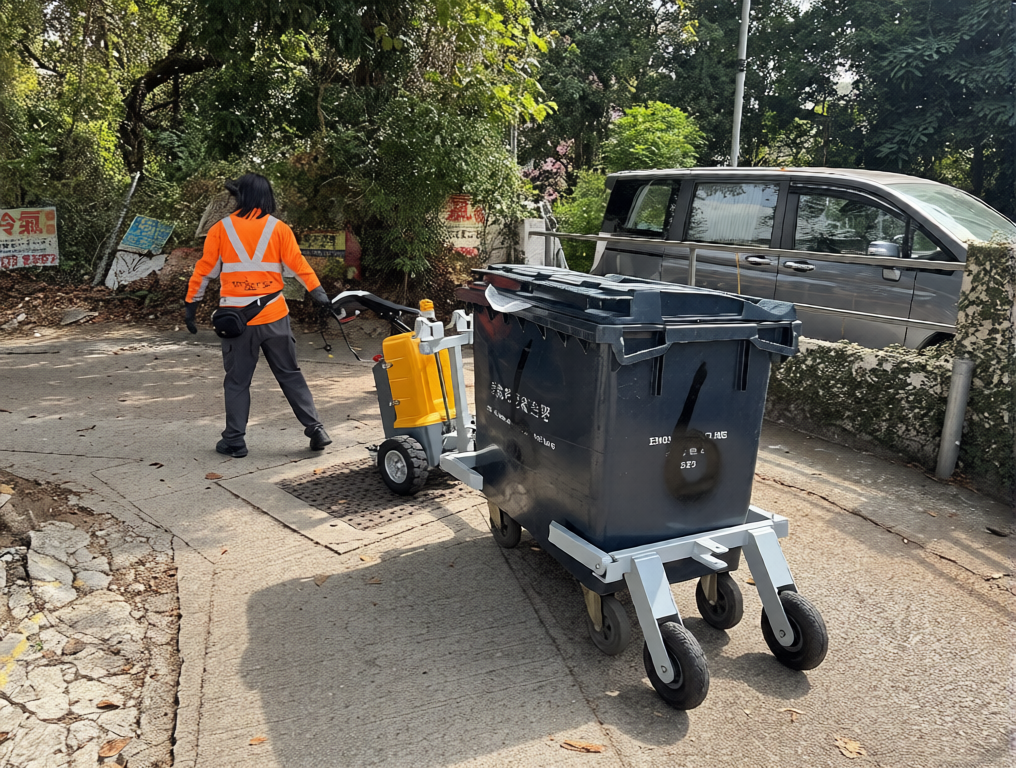 A spokesman for the Food and Environmental Hygiene Department (FEHD) said today (April 30) that the FEHD is committed to providing frontline cleansing workers with an appropriate working and resting environment. In recent years, the FEHD has actively introduced new technologies and automated equipment to reduce the physical strain on workers, and has continued to improve various welfare and heat stroke prevention measures to comprehensively safeguard the occupational safety and health of frontline staff. Photo shows a rural worker conveying a large-sized waste container with the assistance of an electric tractor.