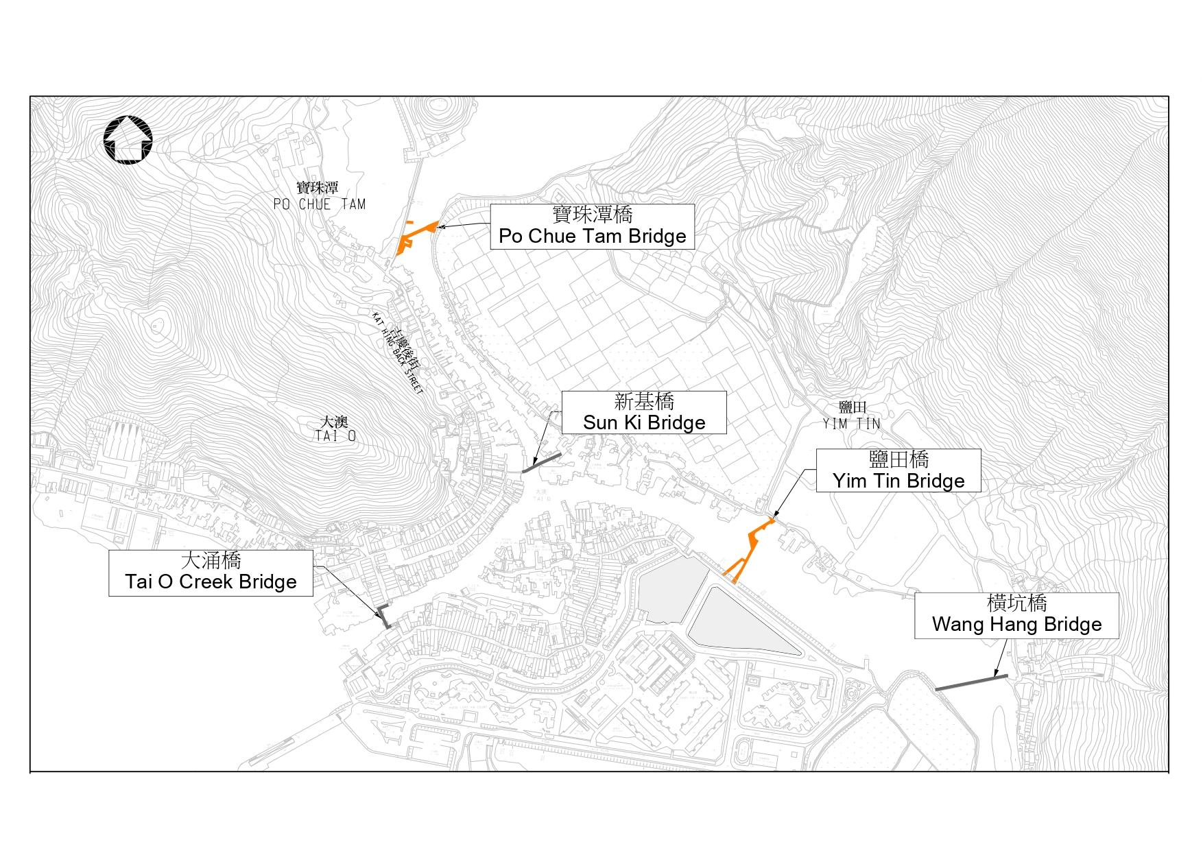 The Tai O Yim Tin Bridge and the Po Chue Tam Bridge (the Twin Bridges) will open to the public tomorrow (May 4). Photo shows the locations of the Twin Bridges.