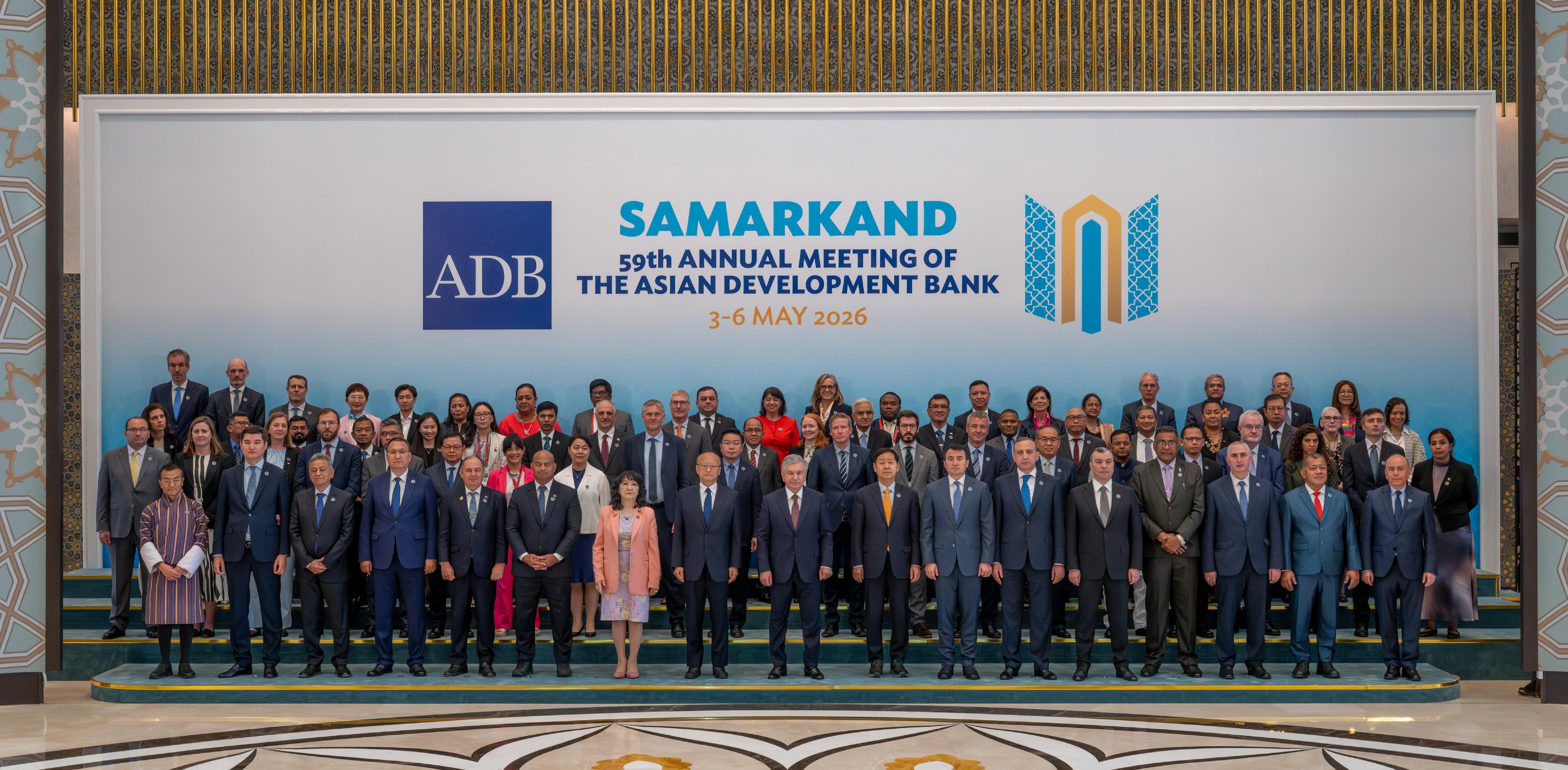 The Secretary for Financial Services and the Treasury, Mr Christopher Hui, attended the opening session of the 59th Annual Meeting of the Board of Governors of the Asian Development Bank (ADB) in Samarkand, Uzbekistan, on May 4 (Samarkand time). Photo shows Mr Hui (second row, seventh right) with the President of Uzbekistan, Mr Shavkat Mirziyoyev (first row, centre), the President of the ADB, Mr Masato Kanda (first row, eighth left), and governors of other countries at the opening session.