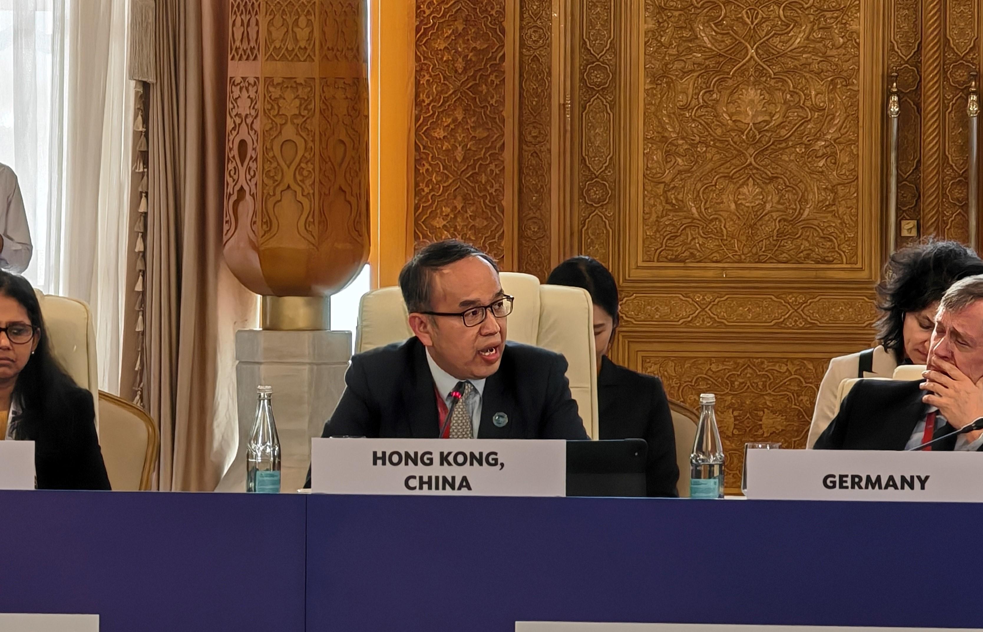 The Secretary for Financial Services and the Treasury, Mr Christopher Hui, attended the 59th Annual Meeting of the Board of Governors of the Asian Development Bank held in Samarkand, Uzbekistan, on May 4 (Samarkand time). Photo shows Mr Hui speaking at the Governors' Business Session.
