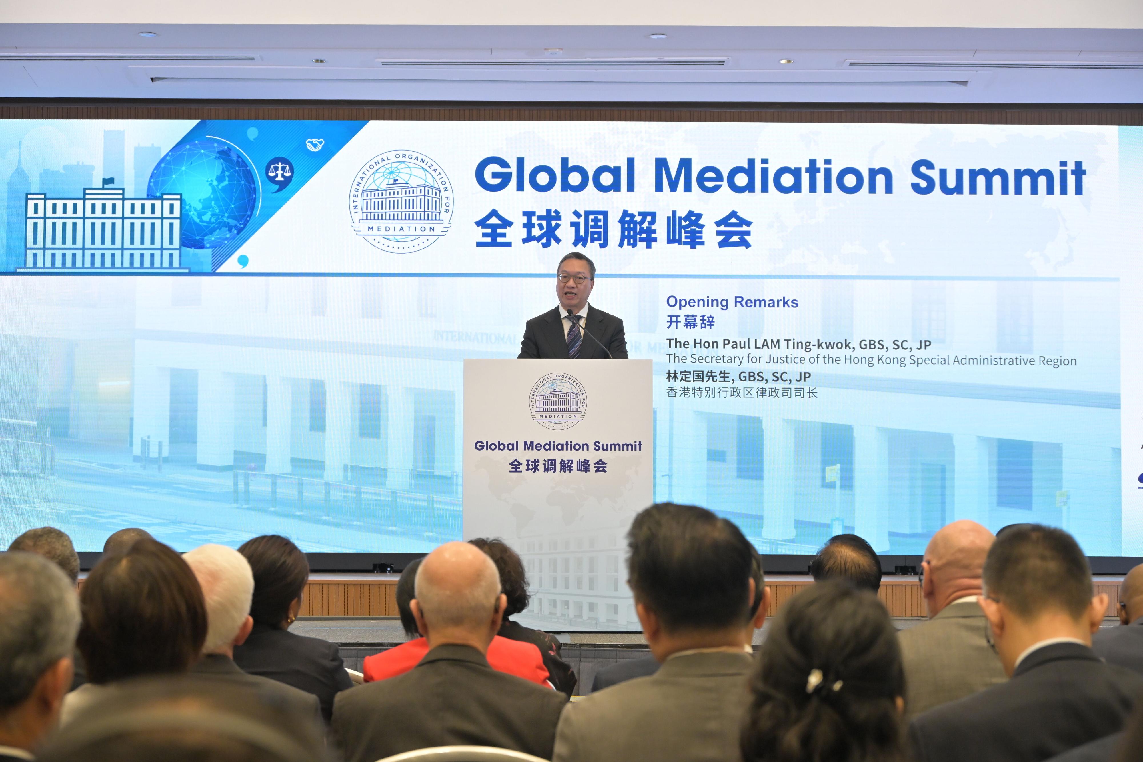 The Global Mediation Summit was held today (May 8). Photo shows the Secretary for Justice, Mr Paul Lam, SC, speaking at the Summit.