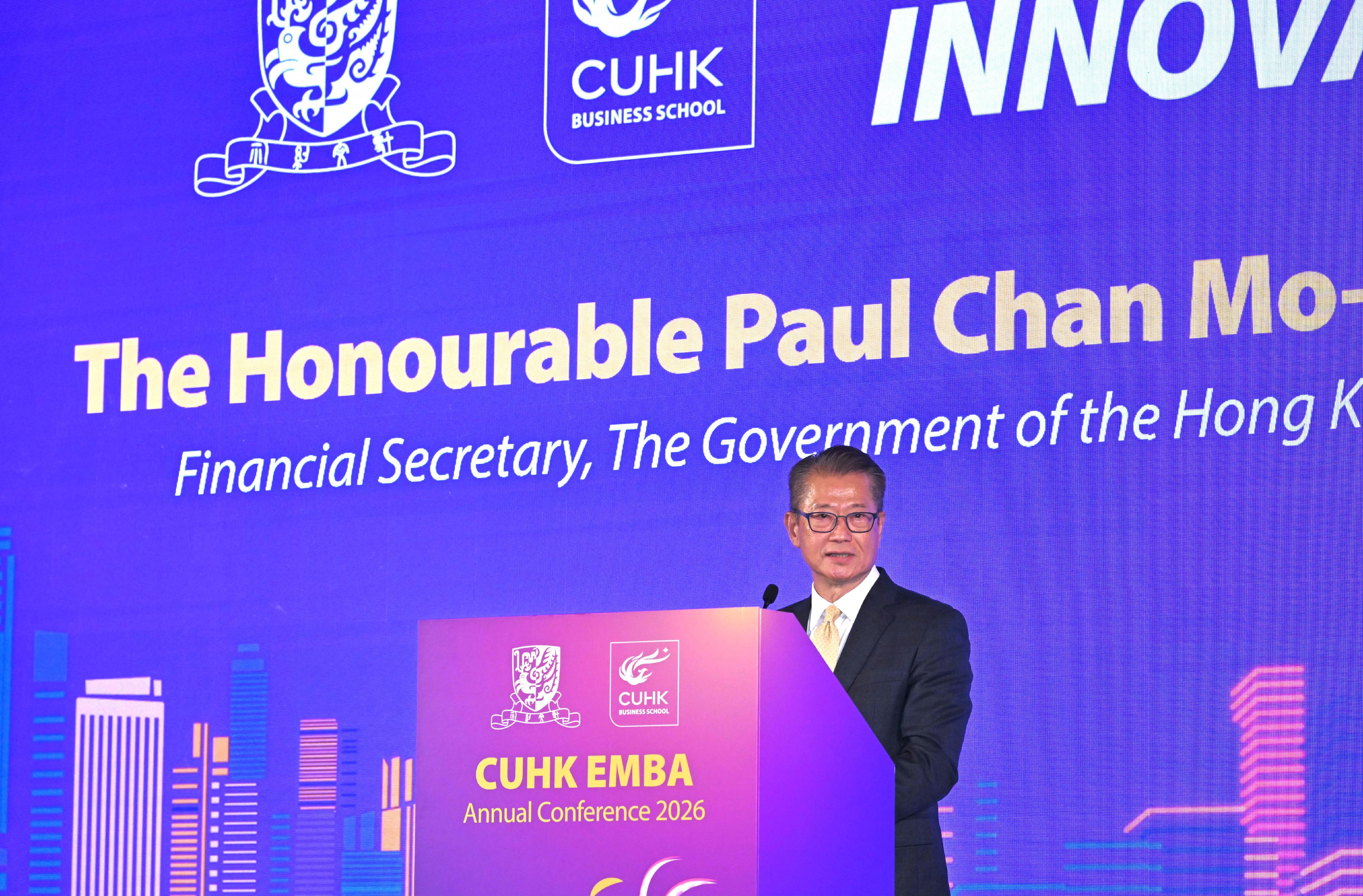 The Financial Secretary, Mr Paul Chan, attended the CUHK EMBA Annual Conference 2026 today (May 9). Photo shows Mr Chan delivering a speech at the conference.