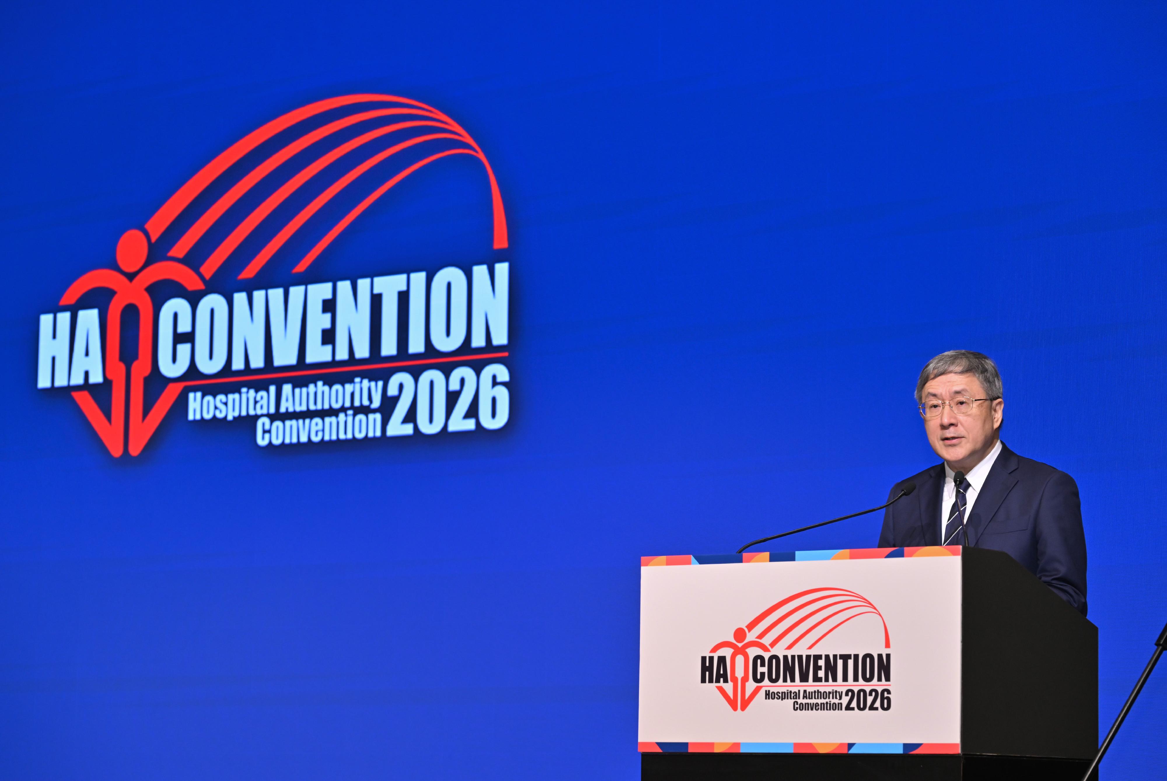The Acting Chief Secretary for Administration, Mr Cheuk Wing-hing, speaks at the Hospital Authority Convention 2026 Opening Ceremony today (May 11).