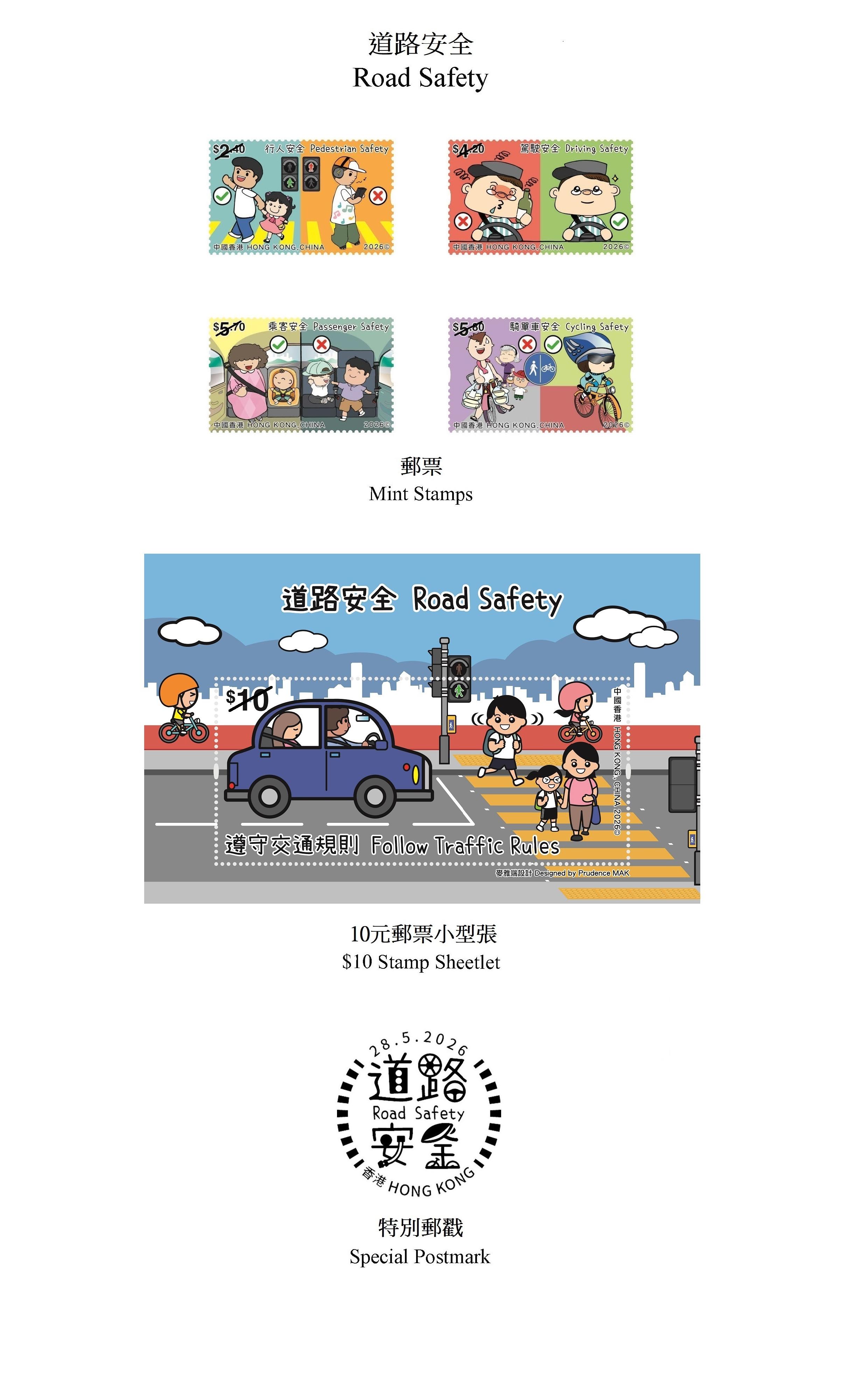 Hongkong Post will launch a special stamp issue and associated philatelic products on the theme of "Road Safety" on May 28 (Thursday). Images show the mint stamps, the stamp sheetlet and the special postmark.