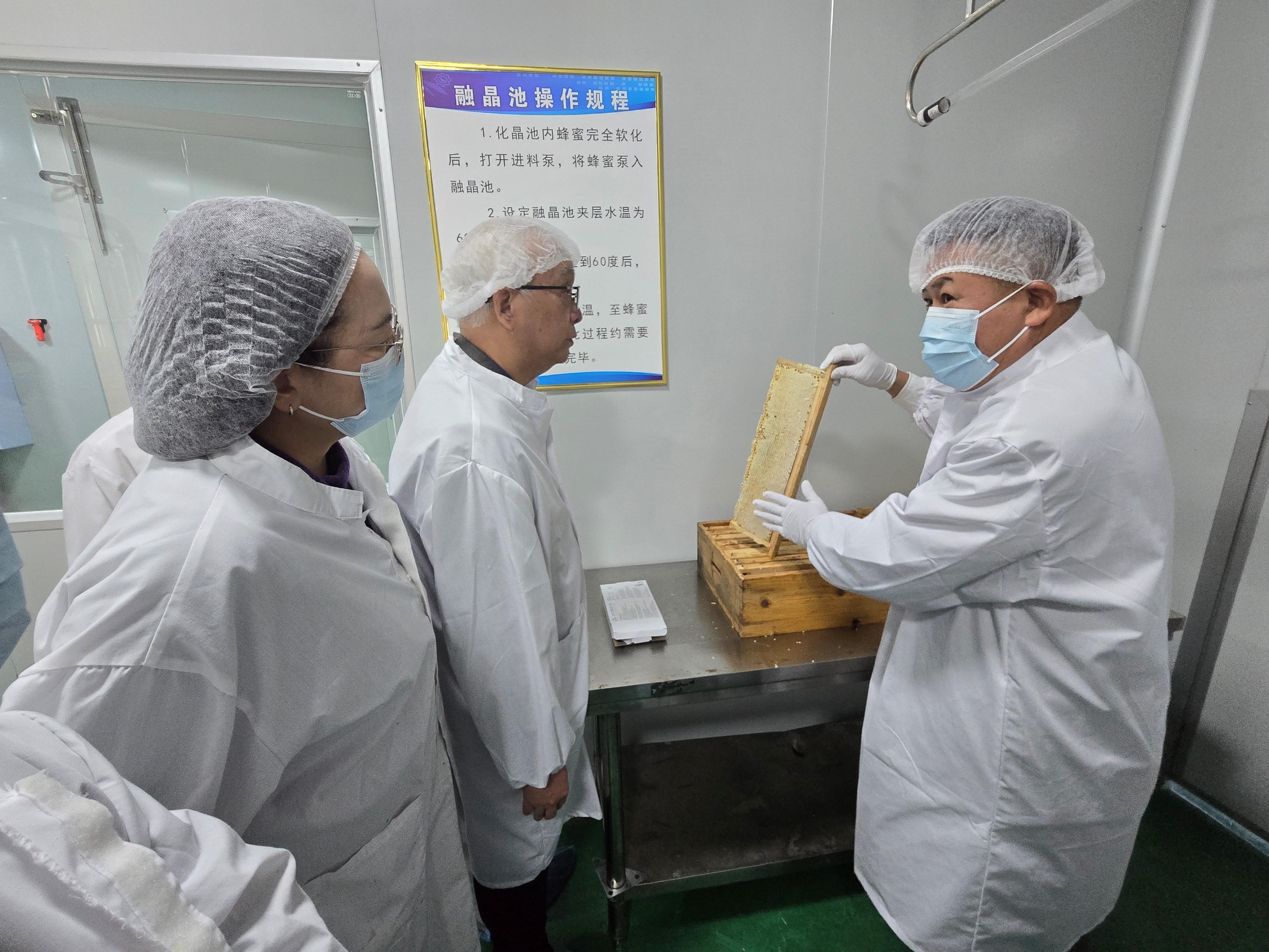 The Secretary for Environment and Ecology, Mr Tse Chin-wan, continued his visit to the Xizang Autonomous Region today (May 19). Photo shows Mr Tse (centre) and the Permanent Secretary for Environment and Ecology (Food), Ms Irene Young (left), visiting the first enterprise in the Xizang Autonomous Region with "export bee product raw material breeding farm" qualification to learn about its honey processing and production procedures, as well as its supply situation to Hong Kong.