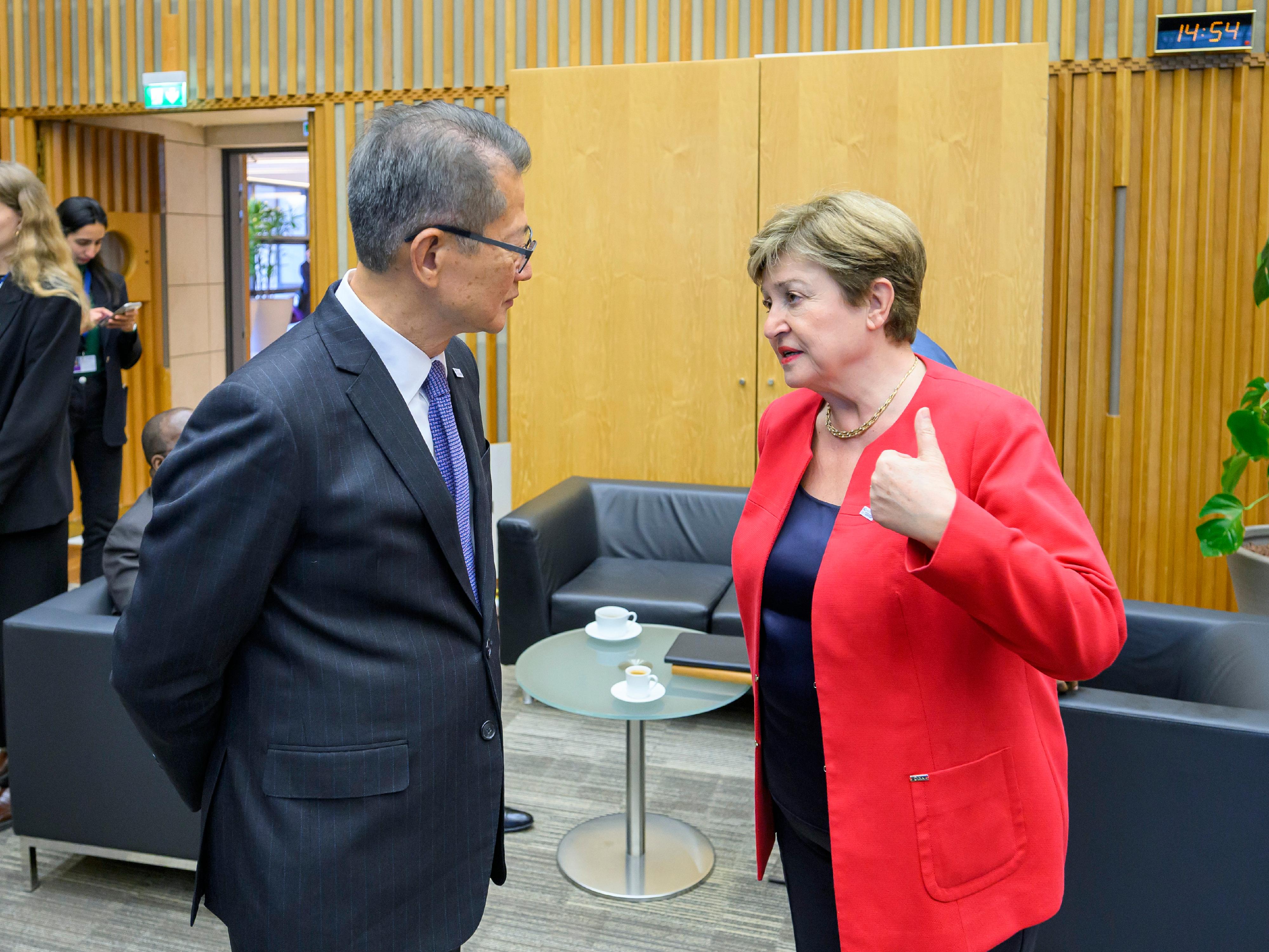 The Financial Secretary, Mr Paul Chan, attended the "No Money for Terror" Ministerial Conference on Counter-Terrorism Financing in Paris, France, on May 19 (Paris time). Photo shows Mr Chan (left) in conversation with the Managing Director of the International Monetary Fund, Ms Kristalina Georgieva (right), who also attended the conference.