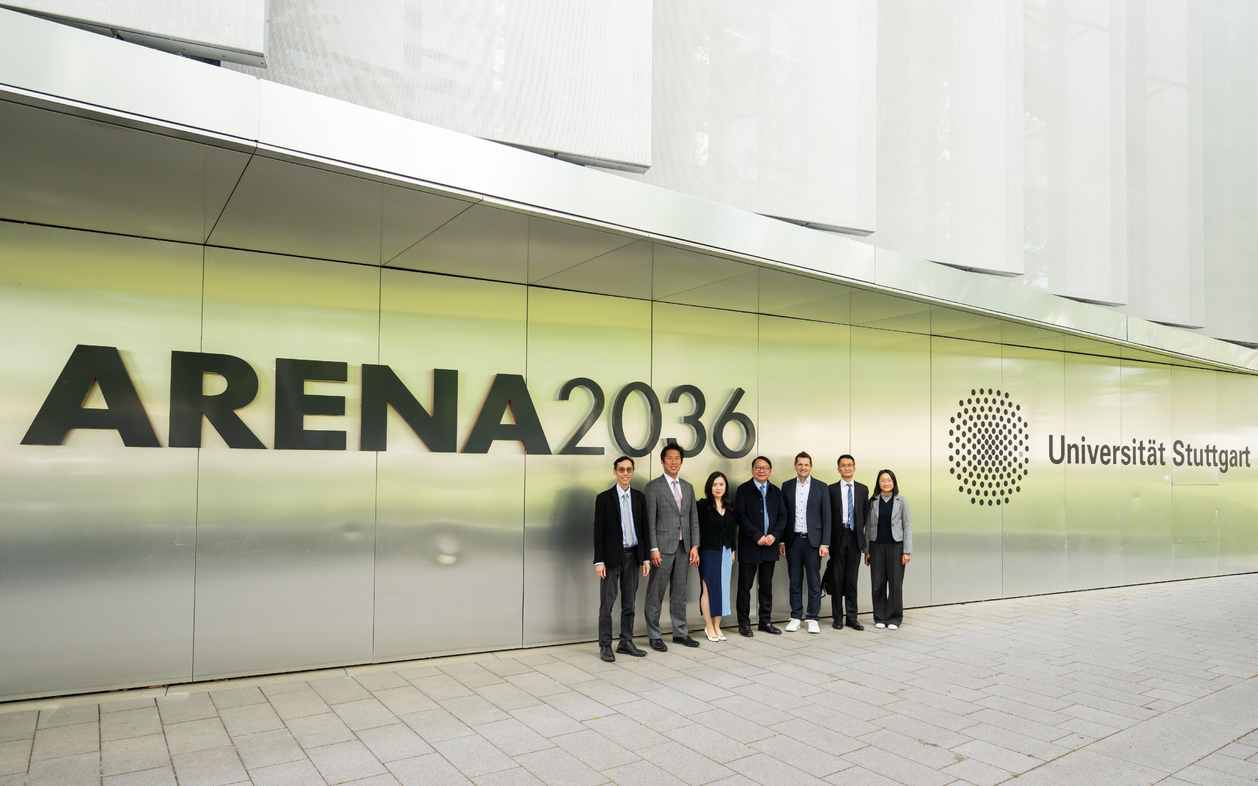 The Chief Secretary for Administration, Mr Chan Kwok-ki, led the delegation of the Working Group on Planning and Construction of the University Town under the Committee on Development of the Northern Metropolis to continue its trip to Germany yesterday (May 19, Stuttgart time). Photo shows Mr Chan (centre), and the delegation visiting the ARENA2036 research campus for automobiles on the campus of the University of Stuttgart, and meeting with university representatives.