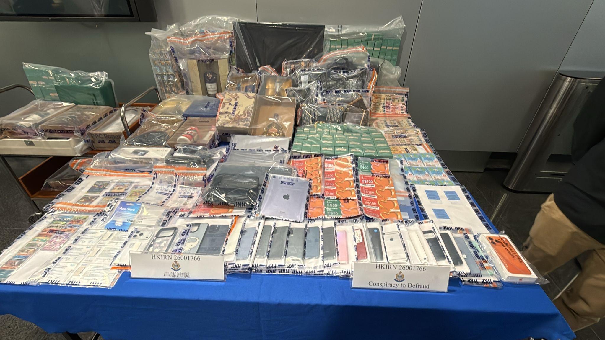 The Hong Kong Police Force (HKPF), in collaboration with the Police forces from nine countries and regions, conducted a joint operation through the Cross-Border Anti-Scam Collaboration Platform &ldquo;FRONTIER+&rdquo; from March 10 to May 7. Photo shows exhibits seized by personnel of the HKPF in the joint operation.