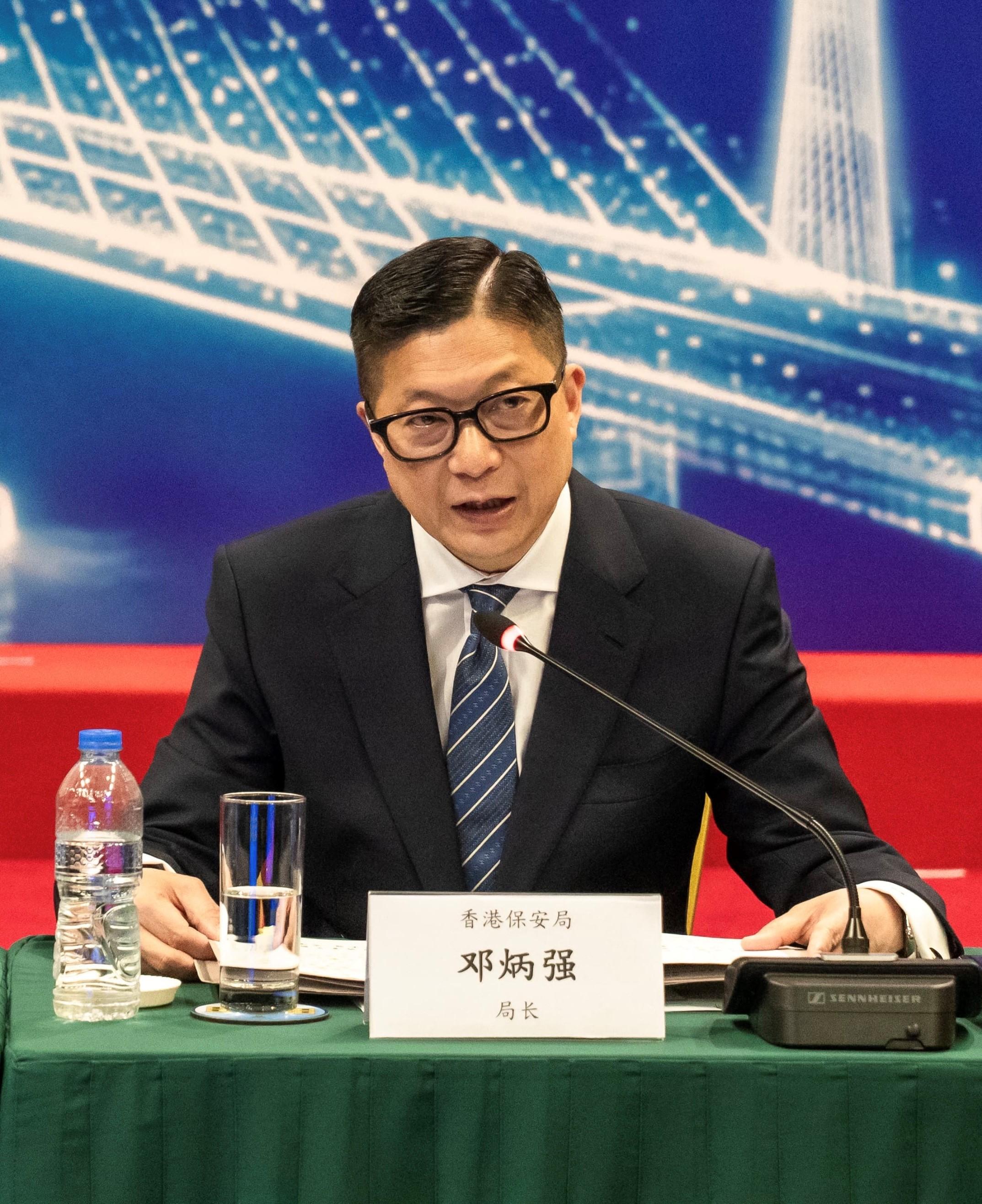 The Guangdong-Hong Kong-Macao Greater Bay Area joint emergency response and rescue exercise, &ldquo;Liancheng-2026&rdquo;, was held in Macao from May 20 to today (May 22). Photo shows the Secretary for Security, Mr Tang Ping-keung, delivering a speech at the opening ceremony.