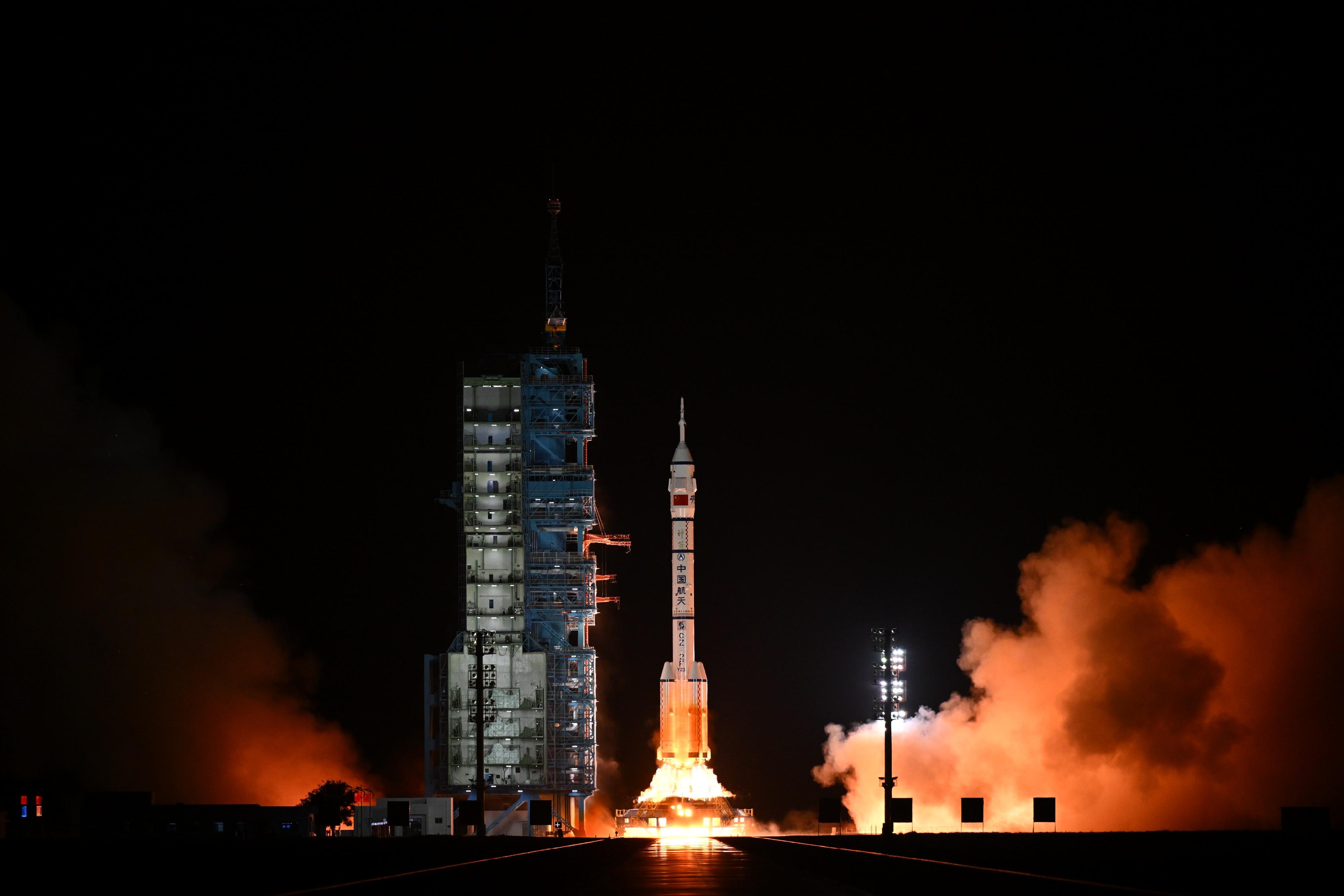 Photo shows the Long March 2F Y23 carrier rocket carrying the Shenzhou-23 manned spaceship launched successfully at 11.08pm on May 24 at the Jiuquan Satellite Launch Center. 