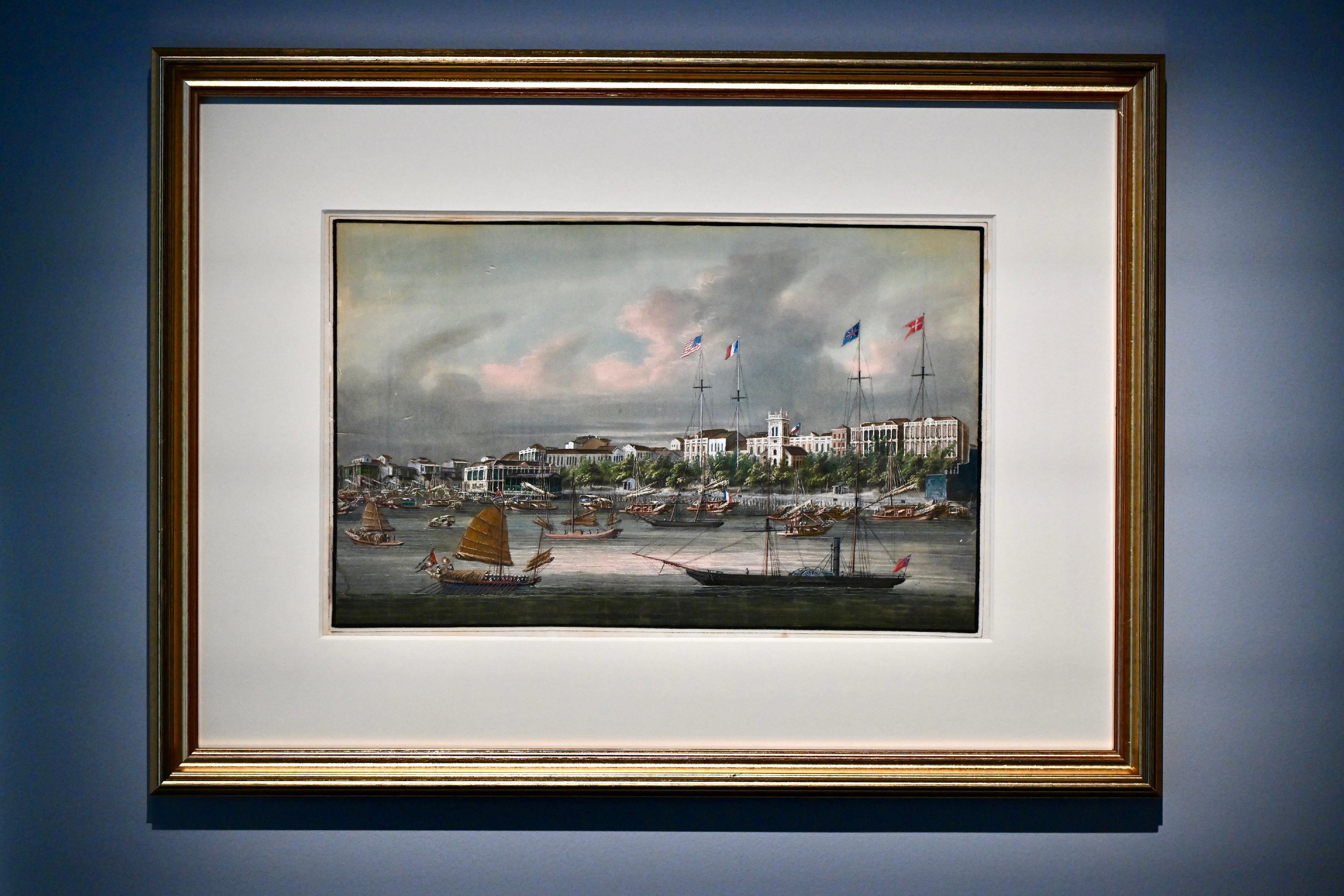 The opening ceremony of the "Proudly from Canton: The Muwen Tang Collection of Cantonese and Export Art" exhibition was held today (May 28) at the Hong Kong Museum of Art. Photo shows the pith painting "Foreign Factories, Guangzhou" from the Qing dynasty.