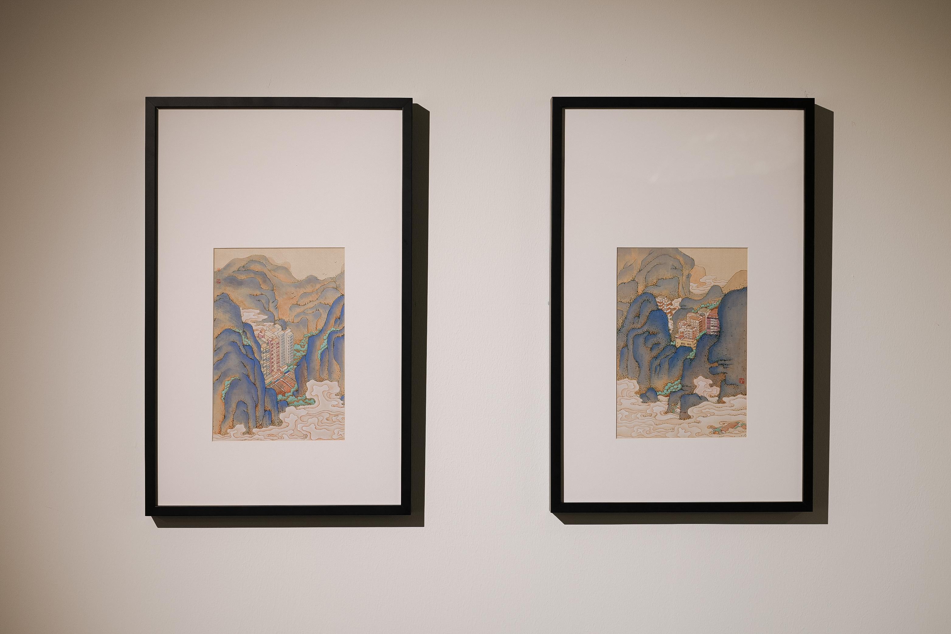 Jointly organised by the Art Promotion Office and the Shenzhen Fringe Art Center, the fifth exhibition "Illusory Landscapes" of the "Ink Art Ensembles" Exhibition Series in the Greater Bay Area is on display until July 12 at the Guancheng Art Museum in Dongguan. Photo shows Hong Kong artist Barbara Choi's artwork "A Hidden Fabric Hawker Bazaar" and "An Entrance to Pang Jai Fabric Market", depicting the now demolished "Pang Jai" fabric market in Sham Shui Po tucked away amidst the hills, buildings and a sea of clouds.