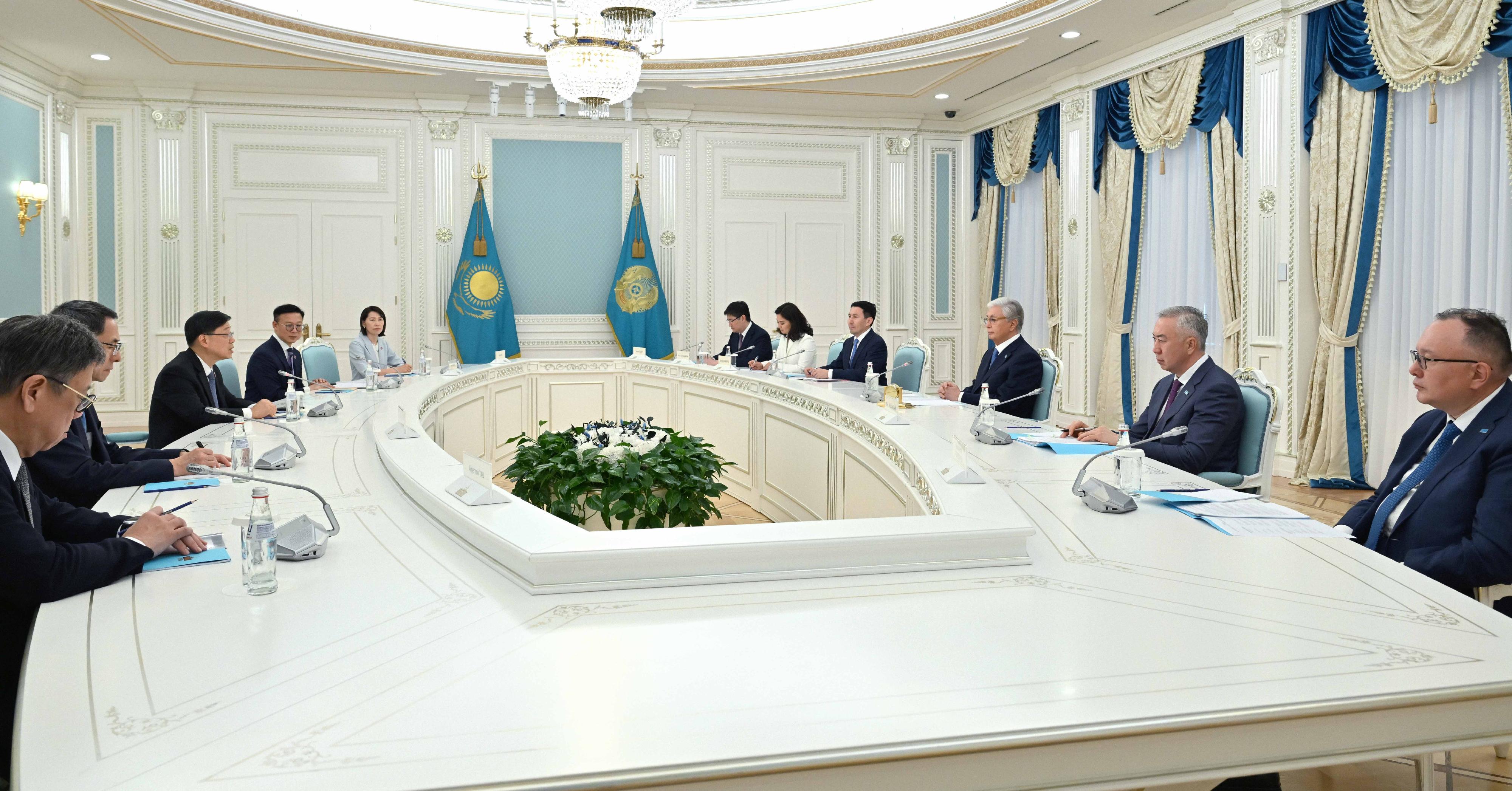 The Chief Executive, Mr John Lee (third left), meets with the President of Kazakhstan, Mr Kassym-Jomart Tokayev (third right), in Astana, Kazakhstan, today (June 1, Astana time), to exchange views on deepening bilateral relations. Looking on are the Ambassador Extraordinary and Plenipotentiary of the People's Republic of China to the Republic of Kazakhstan, Mr Han Chunlin (second left); the Deputy Secretary for Justice, Dr Cheung Kwok-kwan (fourth left); the Secretary for Commerce and Economic Development, Mr Algernon Yau (first left), and the Director of the Chief Executive's Office, Ms Carol Yip (fifth left).