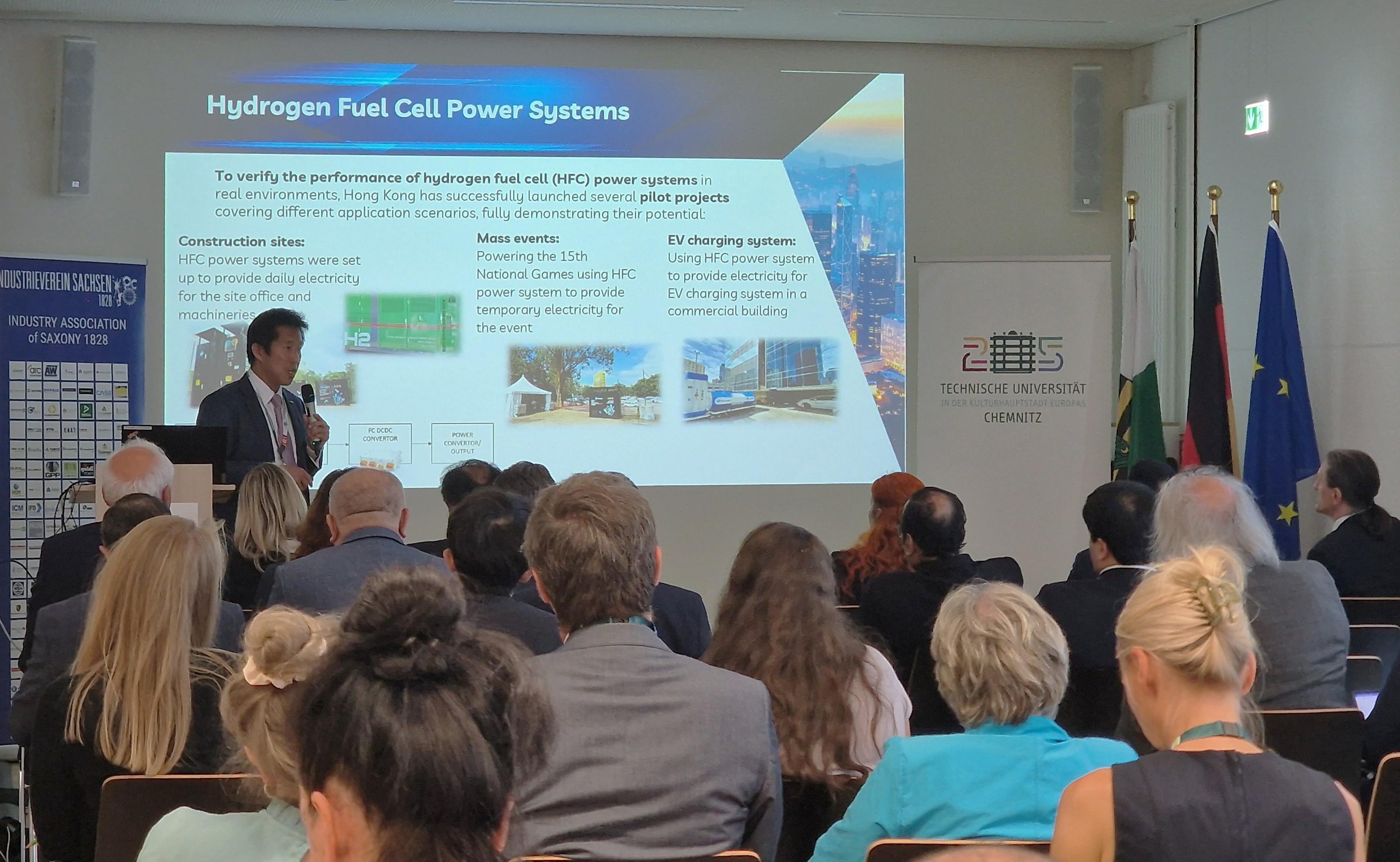 The Hong Kong Economic and Trade Office, Berlin (HKETO Berlin) promoted Hong Kong's innovation and technology (I&T) development at the New Horizons in Future Technologies Conference in Chemnitz, Germany, on May 28 and 29 (Chemnitz time). Photo shows the Director of the HKETO Berlin, Mr Indiana Wong, giving a presentation about Hong Kong's I&T development at the forum on May 29.
