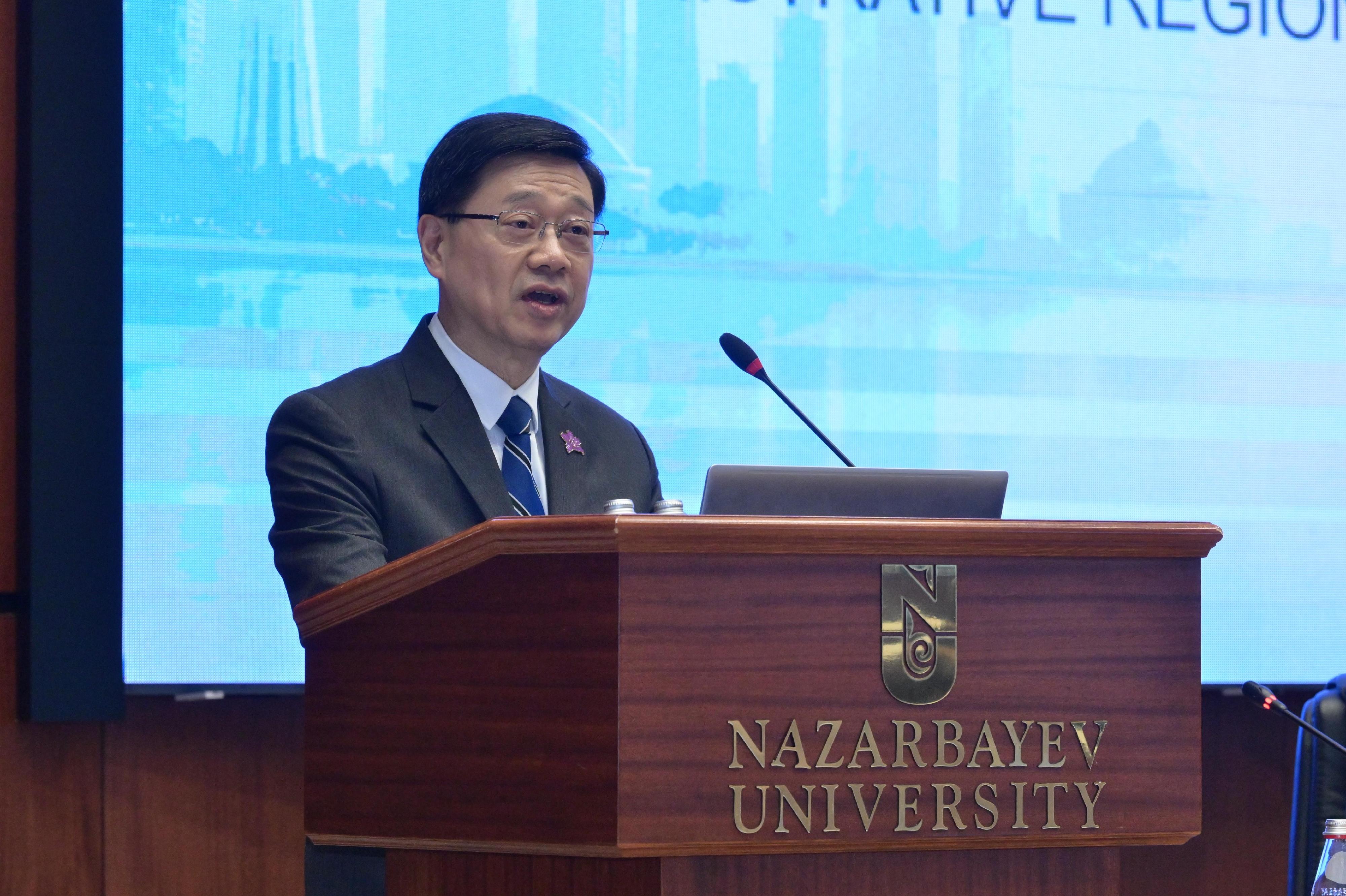 The Chief Executive, Mr John Lee, today (June 3), visited Nazarbayev University in Astana, Kazakhstan. Photo shows Mr Lee addressing the signing ceremony for Memoranda of Understanding between Nazarbayev University and Hong Kong higher education institutions.