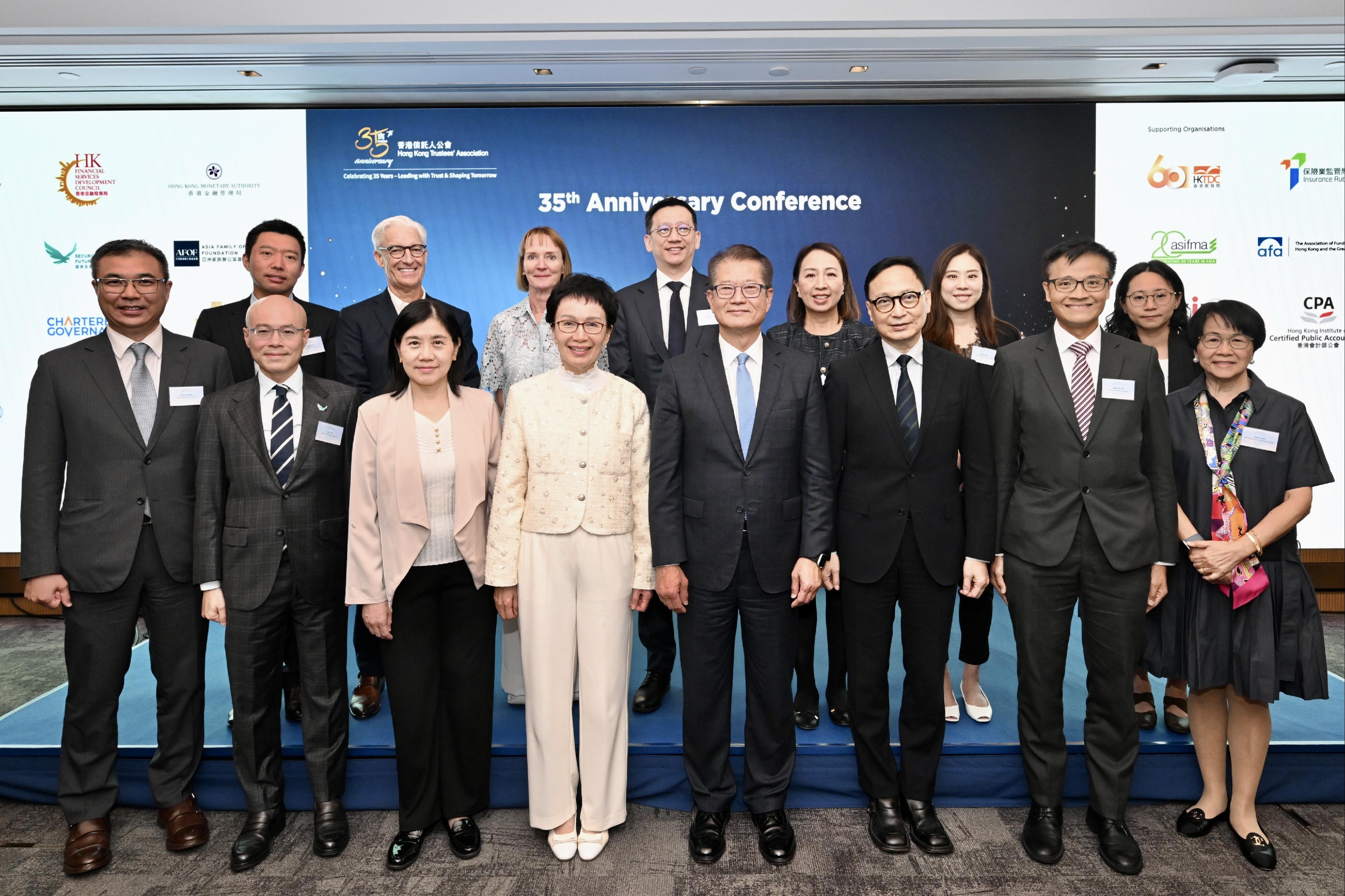 The Financial Secretary, Mr Paul Chan, attended the HKTA 35th Anniversary Conference today (June 3). Photo shows Mr Chan (front row, fourth right); the Chairman of the Hong Kong Trustees&rsquo; Association, Ms Lau Ka-shi (front row, fourth left); the Chief Executive Officer of the Insurance Authority, Mr Clement Cheung (front row, third right), and other guests at the conference.