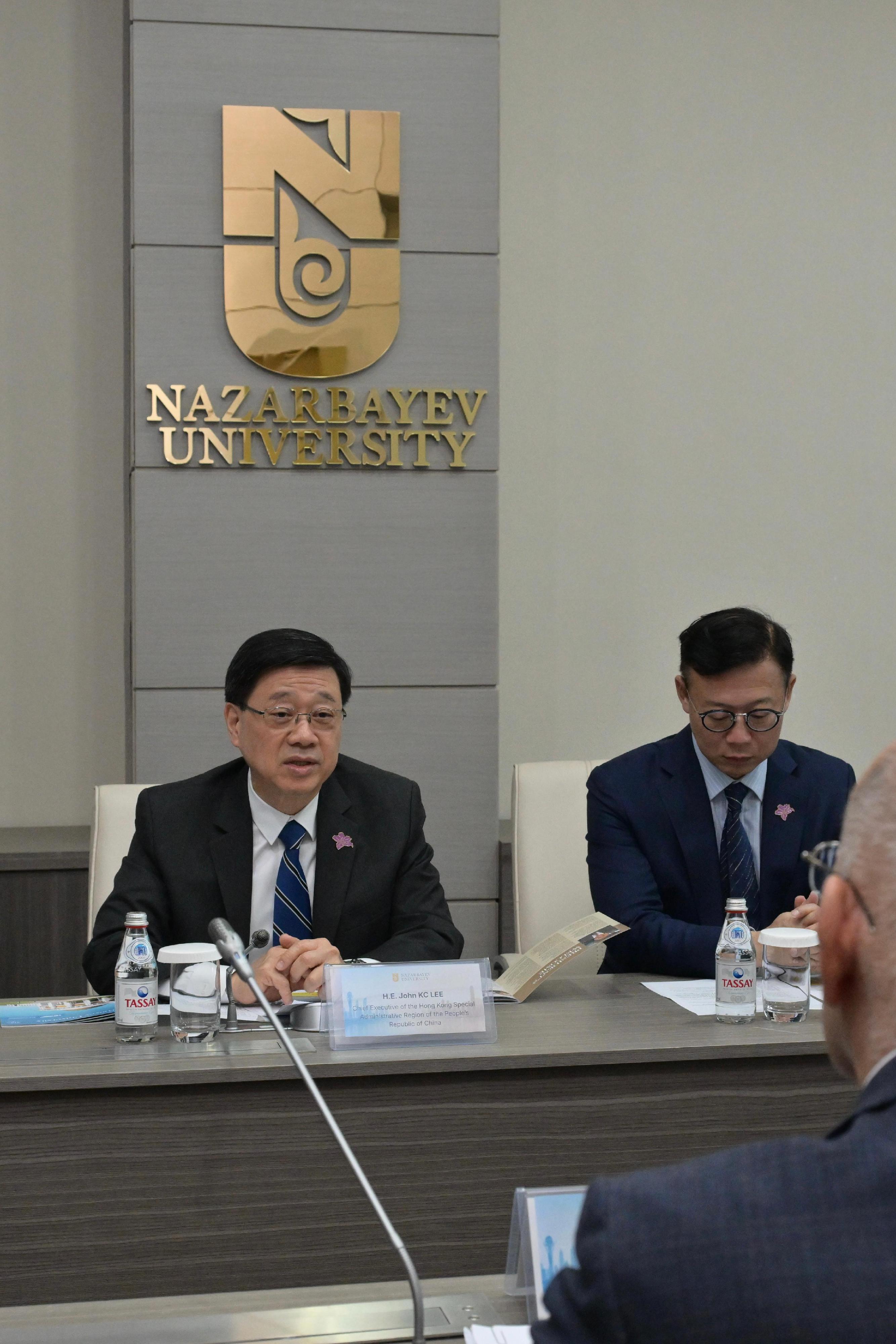The Chief Executive, Mr John Lee, today (June 3), visited Nazarbayev University in Astana, Kazakhstan. Photo shows Mr Lee (left) meeting with the President of Nazarbayev University, Professor Waqar Ahmad, to exchange views on strengthening co-operation in higher education between the two places.