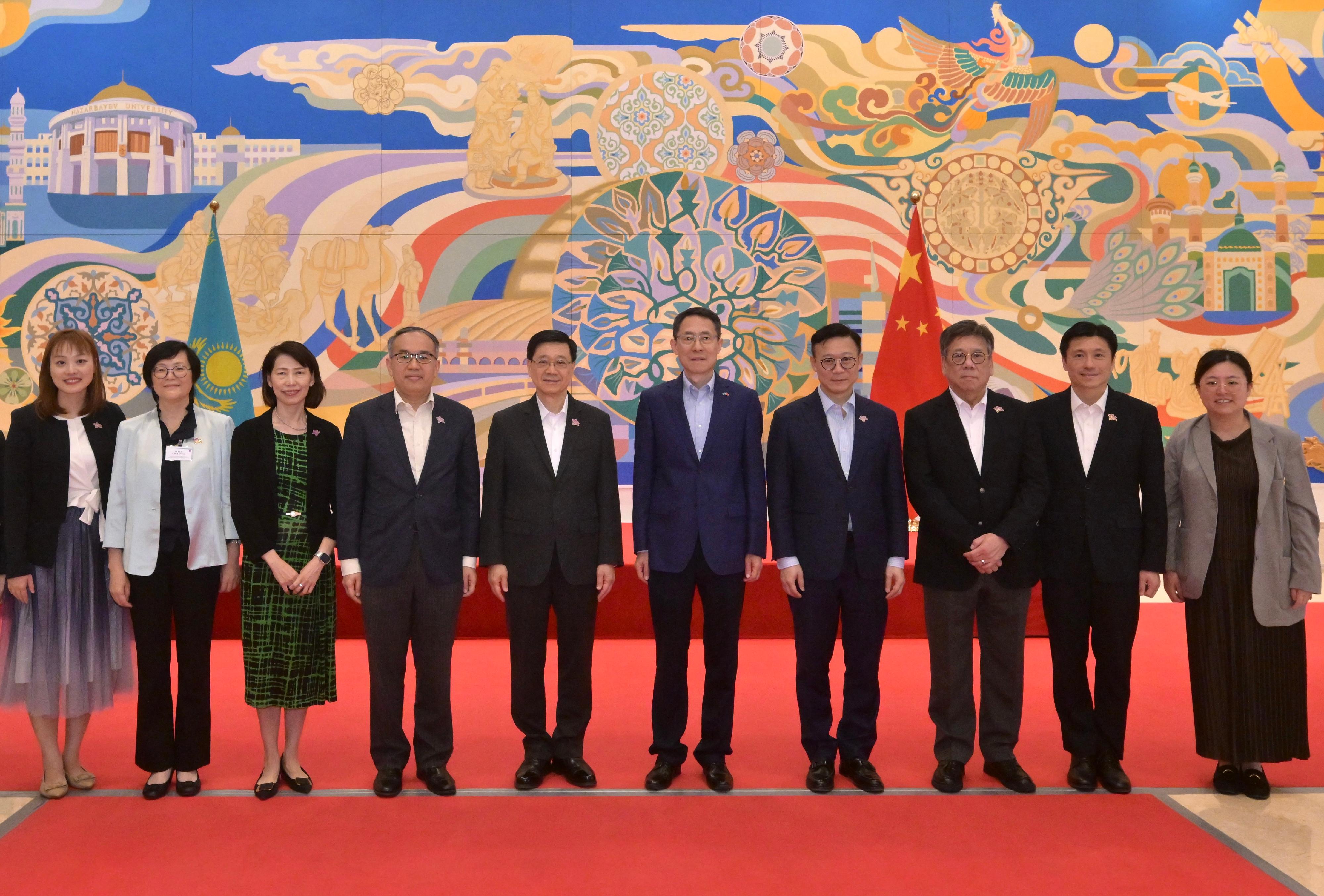 The Chief Executive, Mr John Lee, attended a luncheon hosted by the Ambassador Extraordinary and Plenipotentiary of the People's Republic of China to the Republic of Kazakhstan, Mr Han Chunlin, in Astana, Kazakhstan, today (June 3). Photos shows (from left) the Under Secretary for Innovation, Technology and Industry, Ms Lillian Cheong; the Director of the Hong Kong and Macao Affairs Office of the People's Government of Guangdong Province, Ms Chen Liwen; the Director of the Chief Executive's Office, Ms Carol Yip; the Secretary for Financial Services and the Treasury, Mr Christopher Hui; Mr Lee; Mr Han; the Deputy Secretary for Justice, Dr Cheung Kwok-kwan; the Secretary for Commerce and Economic Development, Mr Algernon Yau; and the Director of Information Services, Mr John Tse.