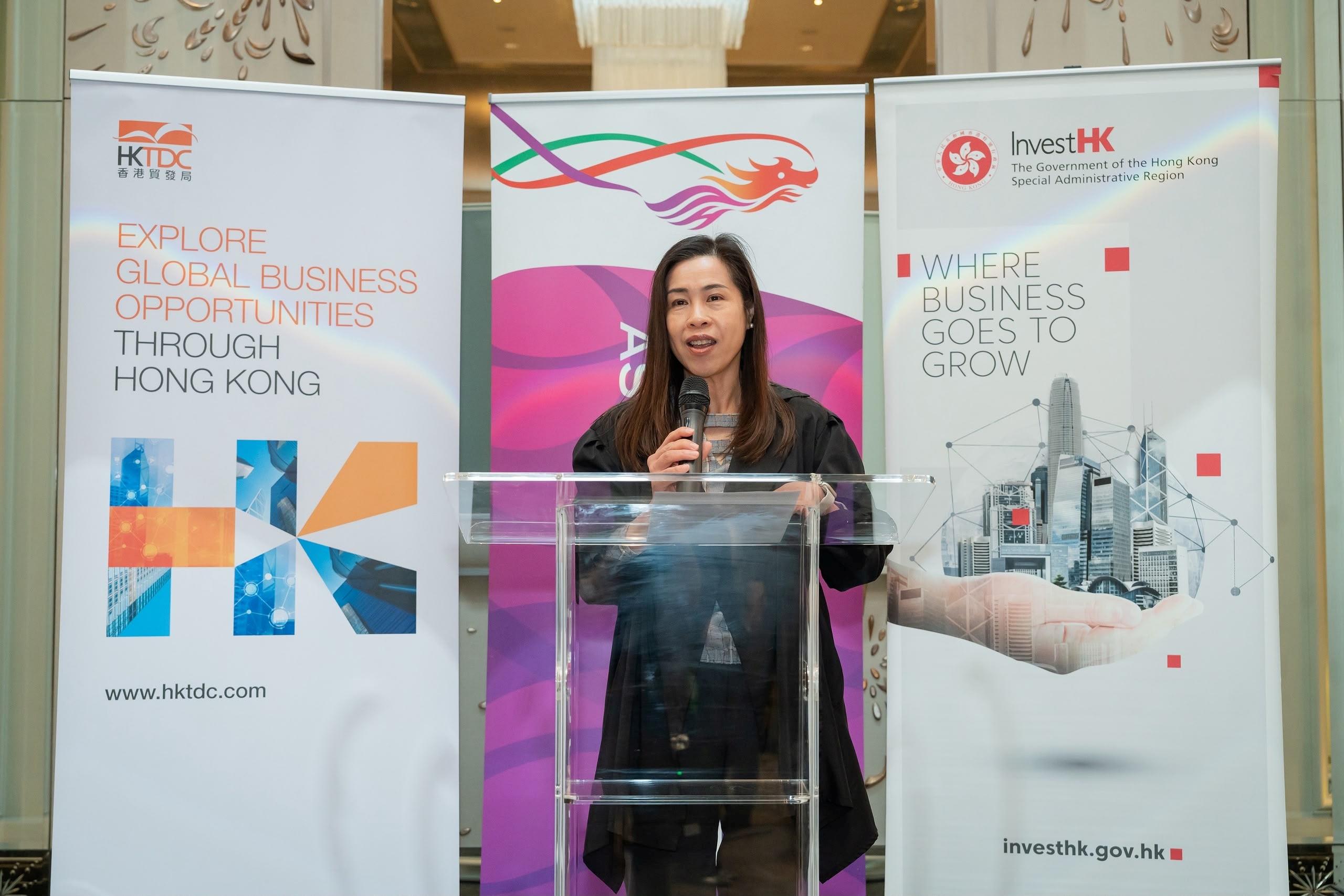 Hong Kong's innovation story took the spotlight at London Tech Week 2026 (June 8 to 10, London time), as Invest Hong Kong and the Hong Kong Economic and Trade Office in London (London ETO) spearheaded a few days of high-impact engagements aimed at deepening United Kingdom-Hong Kong collaboration in technology, talent and capital. Photo shows the Director-General of the London ETO, Miss Fiona Chau, delivering a speech at the event.