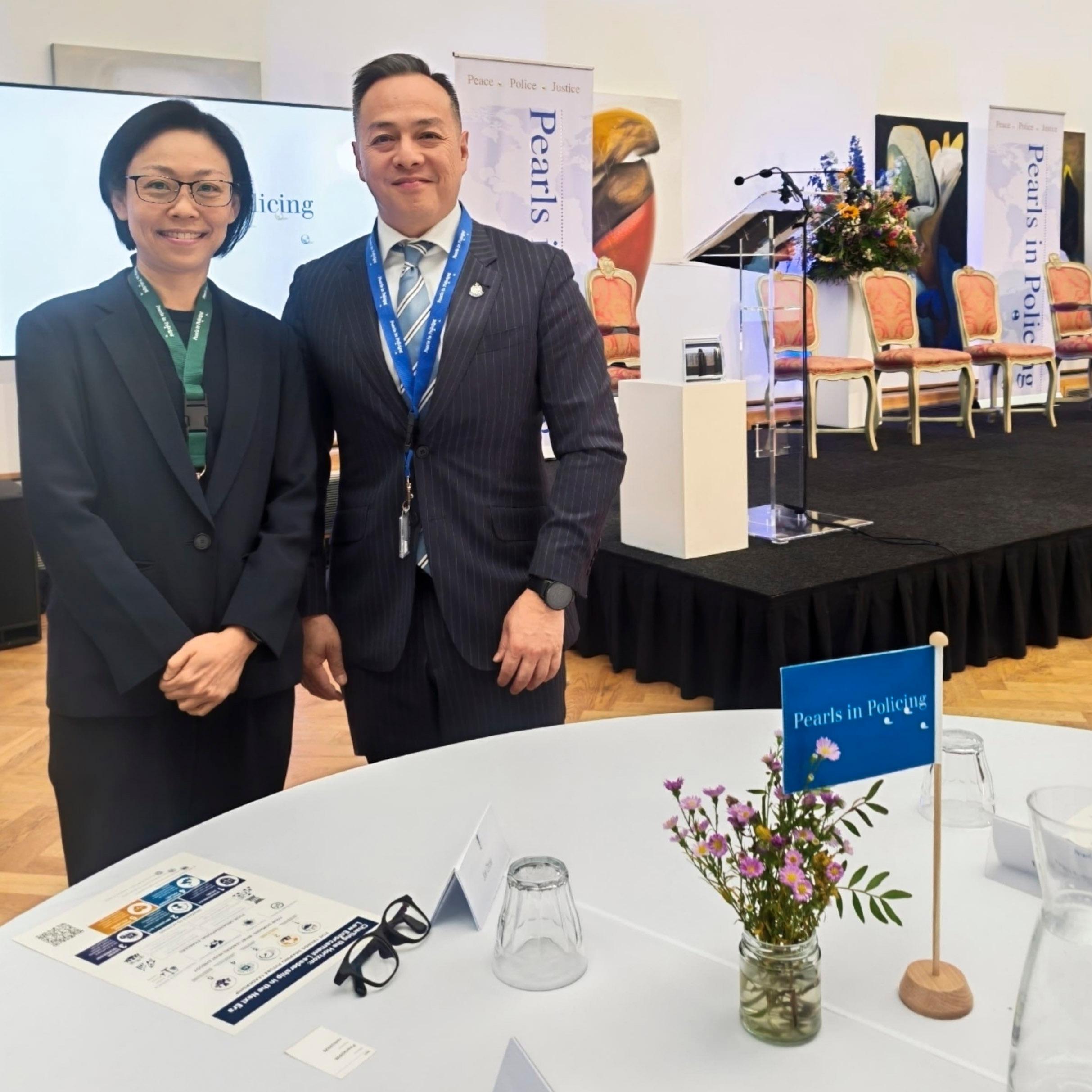 The Commissioner of Police, Mr Chow Yat-ming, attended the 19th Pearls in Policing Conference held in The Hague, the Netherlands, from June 7 to 9 (The Hague time), during which he participated in panel discussions, keynote speeches and site visits. Photo shows Mr Chow (right) and Senior Superintendent of the Financial Intelligence and Investigation Bureau, Ms Hung Hiu-wai, who is the representative of Hong Kong Police Force in the International Action Learning Group.