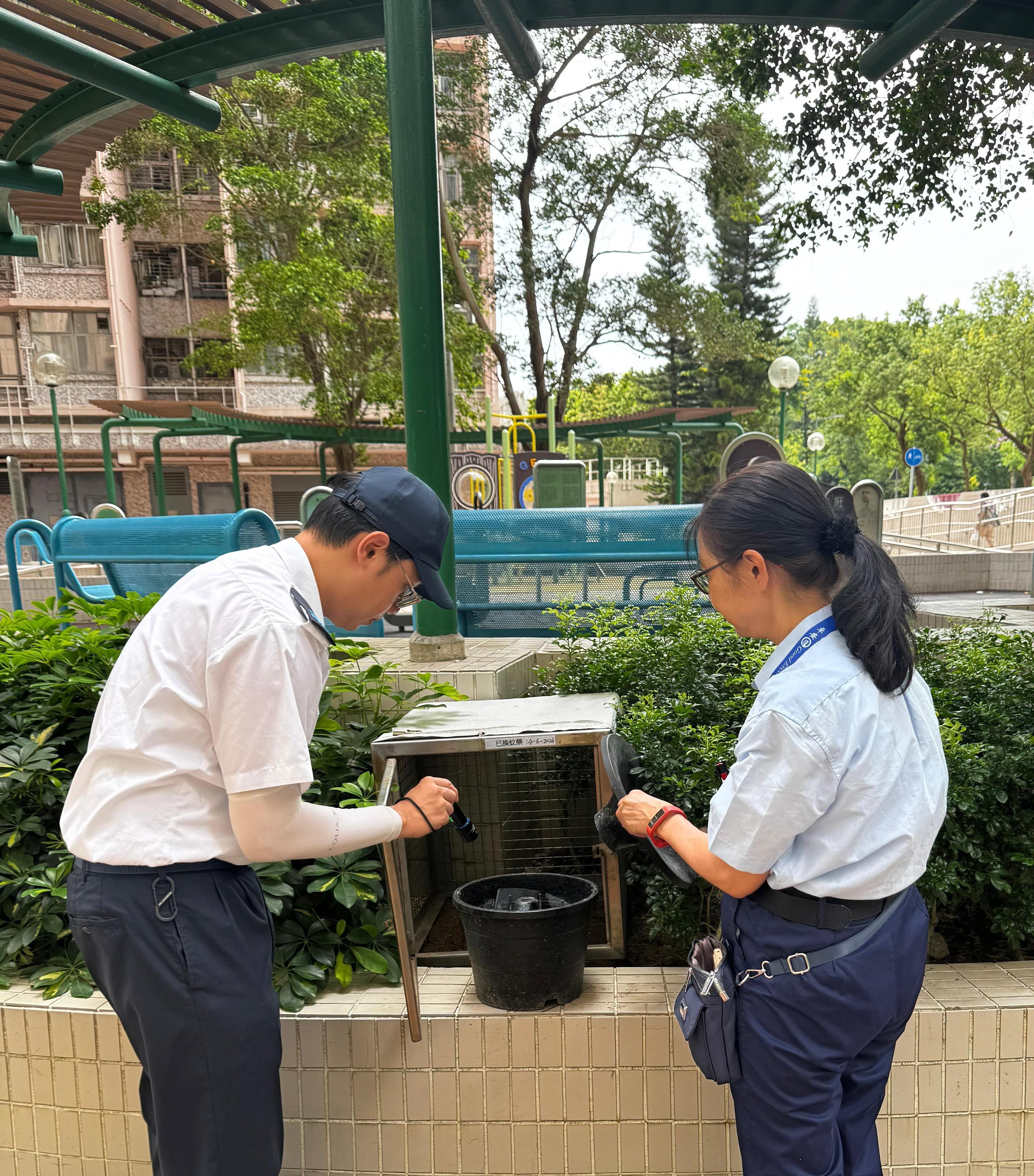 食物環境衞生署(食環署)今日(六月十二日)公布六月份第二批涵蓋13個監察地區的白紋伊蚊誘蚊器指數及密度指數。圖示食環署人員巡視北區粉嶺南一公共屋邨,檢查新型捕蚊器,並向屋邨管理人員提供防蚊控蚊建議和技術支援。