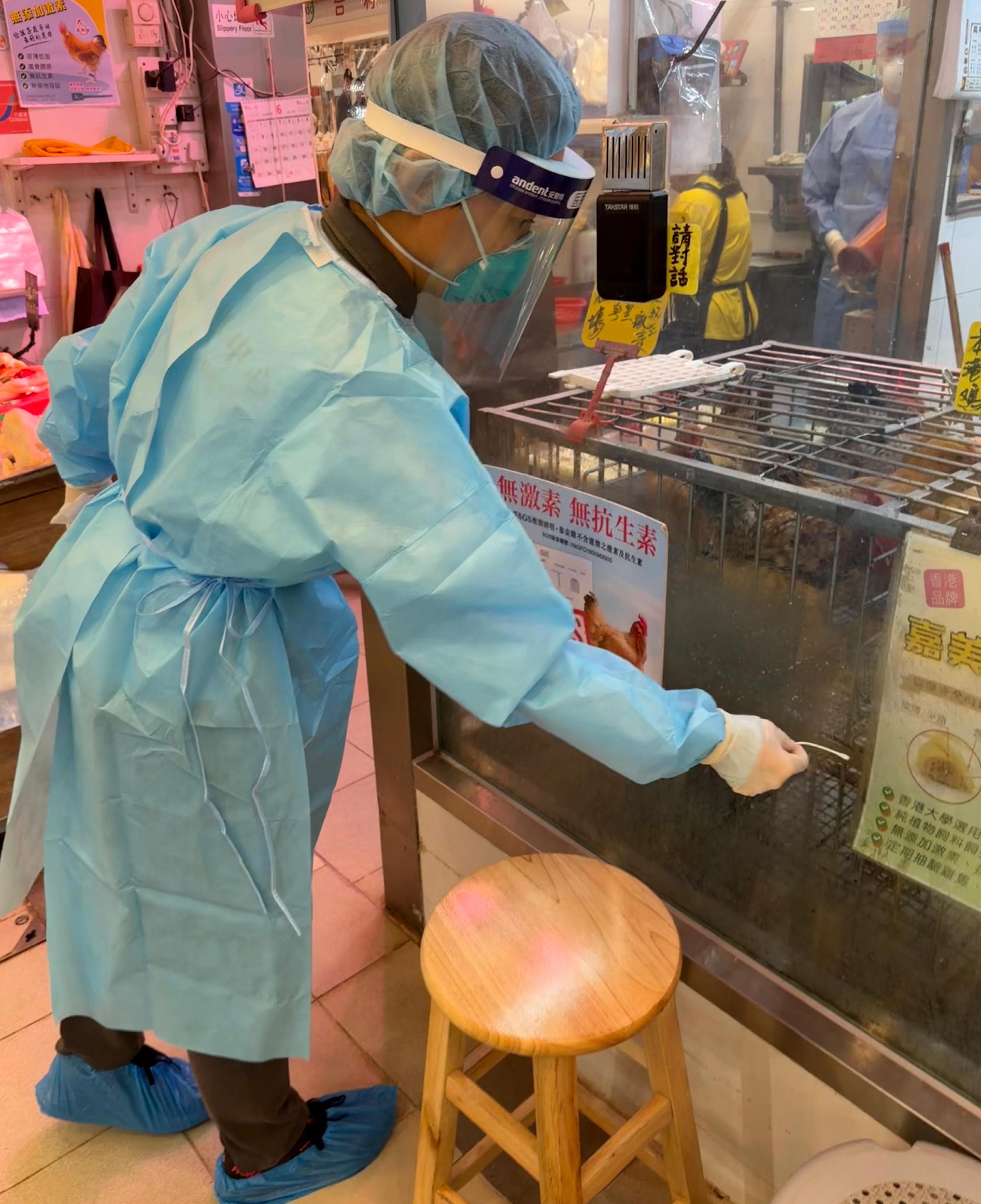 The Centre for Health Protection (CHP) of the Department of Health is today (June 12) investigating a case of human infection with influenza A (H9) in collaboration with relevant departments. Photo shows a CHP staff collecting environmental samples at the fresh provision shop visited by the patient.