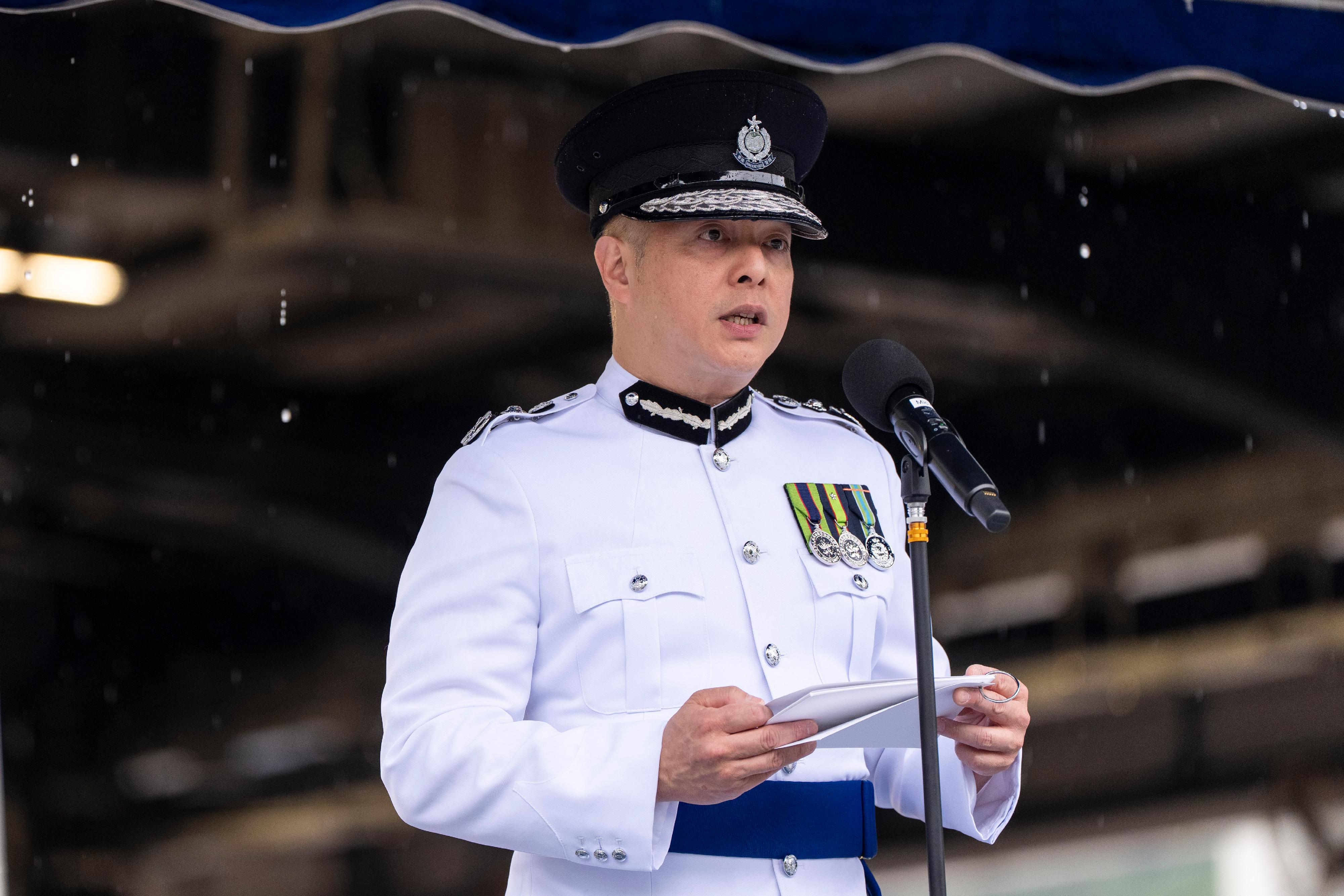 警務處處長周一鳴今日(六月十三日)在香港警察學院學警預備訓練結業會操中致辭。
