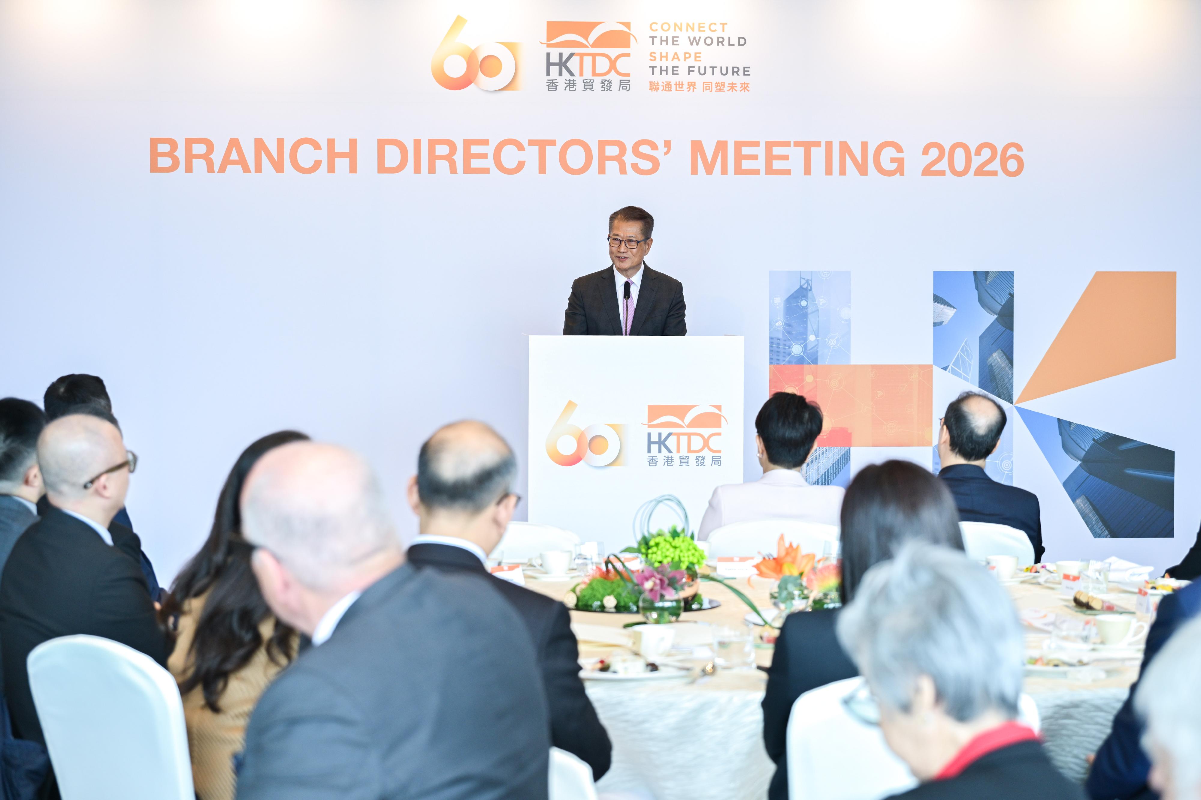 The Financial Secretary, Mr Paul Chan, speaks at the keynote luncheon of the Hong Kong Trade Development Council Branch Directors' Meeting today (June 15).