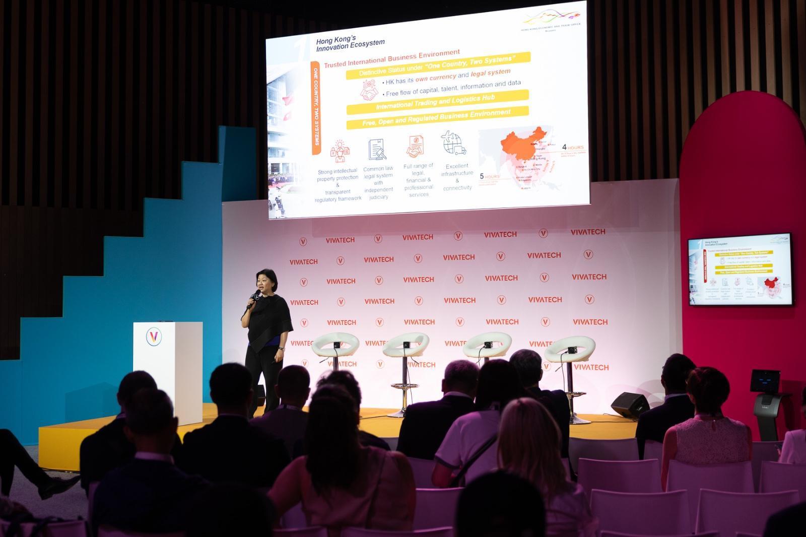 The Special Representative for Hong Kong Economic and Trade Affairs to the European Union, Ms Shirley Yung, delivers remarks at a thematic seminar titled "Building Resilient Tech Ecosystems: Powering the Next Wave of International Tech Leadership from Hong Kong" in Paris, France on June 19 (Paris time) during VivaTech 2026.