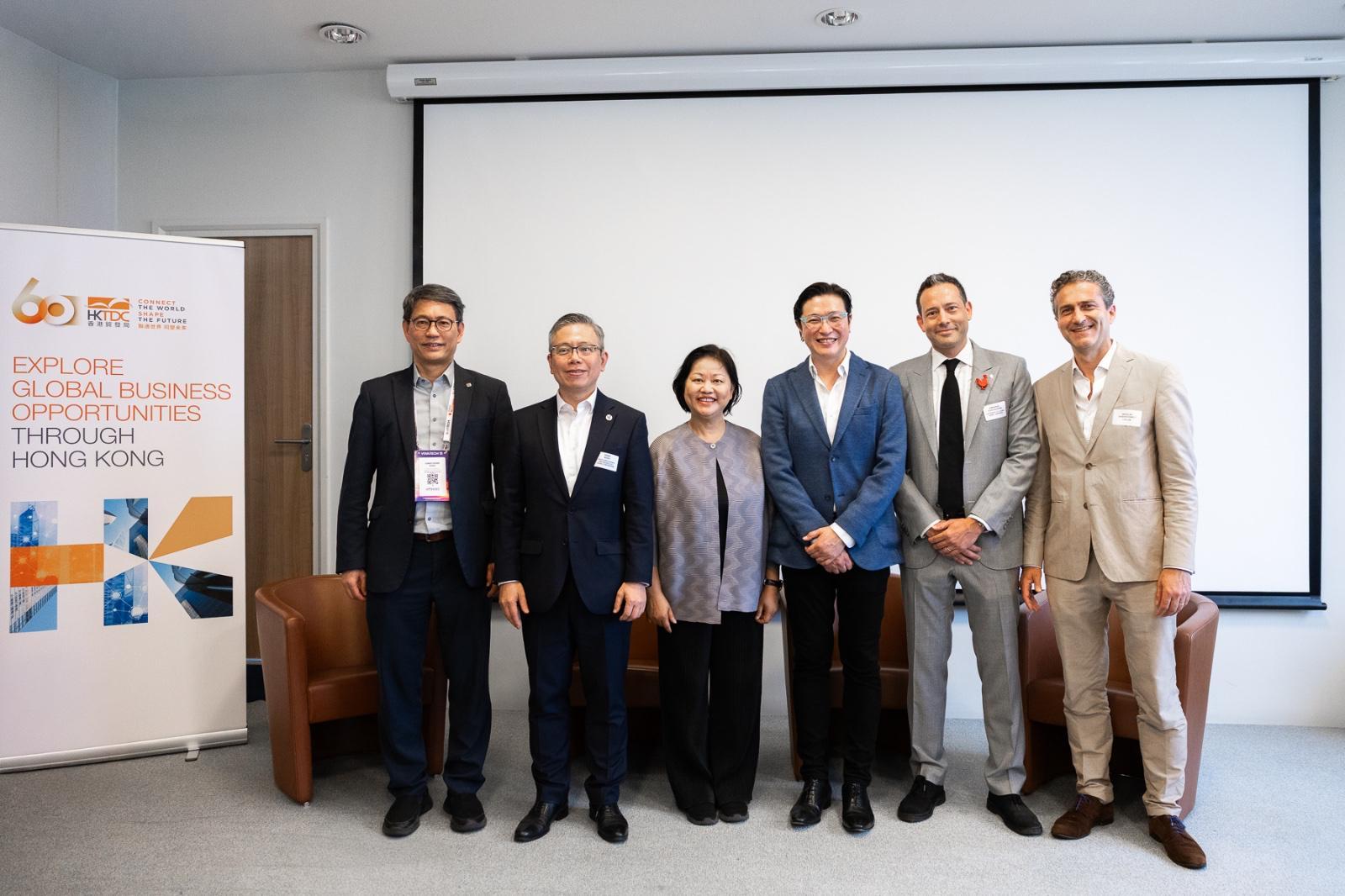 Photo shows (from left to right) the Senior Vice President (Research and Innovation) of the Hong Kong Polytechnic University, Professor Christopher Chao; the Chief Executive Officer of Hong Kong Science and Technology Parks Corporation, Mr Terry Wong; the Special Representative for Hong Kong Economic and Trade Affairs to the European Union, Ms Shirley Yung; the Director, France, Iberia and Benelux of Hong Kong Trade Development Council, Mr Christopher Lai; the Chairman of La French Tech Hong Kong-Shenzhen, Mr Emmanuel Carcassonne, and the Partner of LPA Law LLP, Mr Nicolas Vanderchmitt, at the networking reception "Hong Kong Tech Night: Where Innovation Meets Opportunity" in Paris, France on June 18 (Paris time) during VivaTech 2026.
