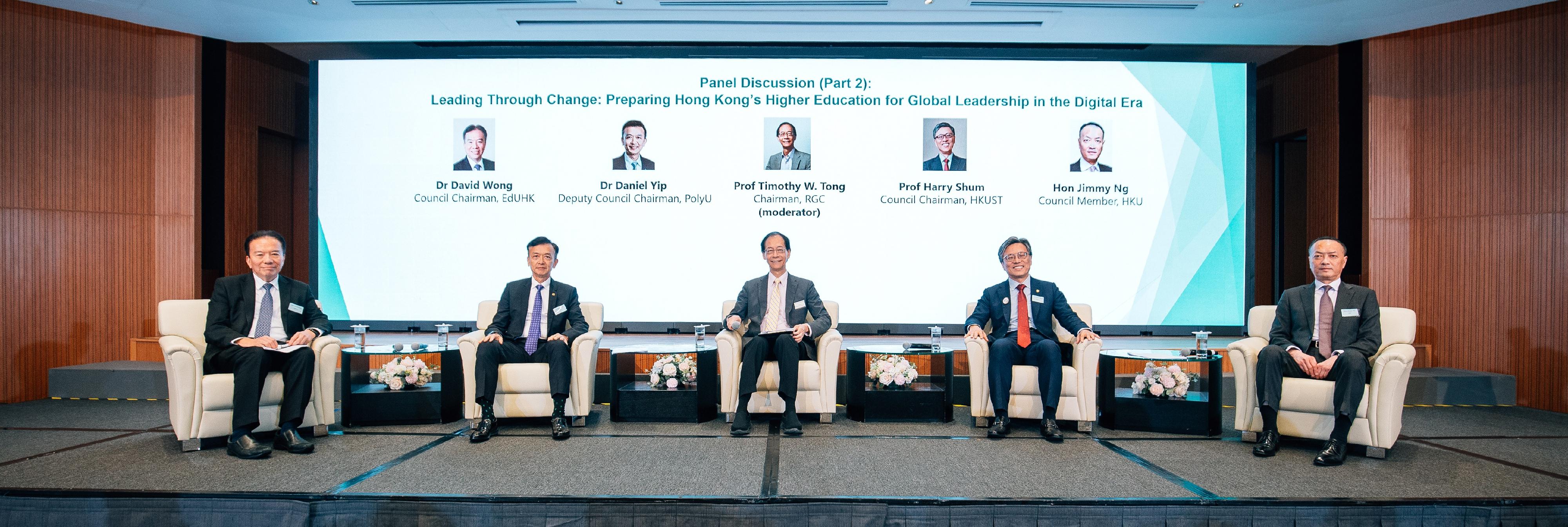 The University Grants Committee (UGC) held the University Leadership Forum 2026 today (June 22) to introduce its latest initiatives to council members and senior management of the eight UGC-funded universities, and to facilitate an exchange of views with representatives of university councils on the development of higher education in Hong Kong. Photo shows (from left) the Council Chairman of the Education University of Hong Kong, Dr David Wong; the Deputy Council Chairman of the Hong Kong Polytechnic University, Dr Daniel Yip; the Chairman of the Research Grants Council, Professor Timothy W. Tong; the Council Chairman of the Hong Kong University of Science and Technology, Professor Harry Shum; and Council member of the University of Hong Kong Mr Jimmy Ng, participating in a panel discussion.
