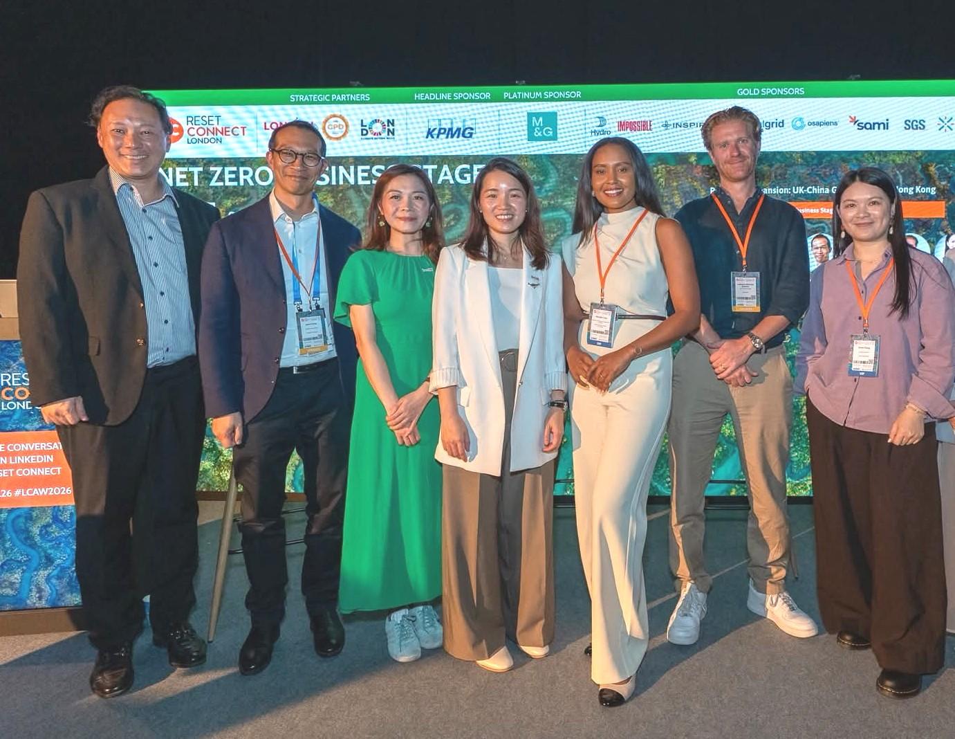 Invest Hong Kong (InvestHK) led its first New Energy and Sustainability Mission to the United Kingdom (UK) from June 16 to 24 (London time), co-organised with the UK's Department for Business and Trade. Photo shows (from left) the Global Head of Financial Services, Fintech and Sustainability of InvestHK, Mr King Leung; the Chief Executive Officer of Kerogen-CX Capital, Mr Jason Cheng; the Head of Business and Talent Attraction/Investment Promotion of the InvestHK London Office, Ms Daisy Ip; the Senior Vice President (Sustainability) for Technology, Innovation and Entrepreneurship of InvestHK, Ms Olivia To; the Director of Europe at RelyEZ, Ms Michelle Cross; the UK Country Manager of Ant International's WorldFirst, Mr Lawrence Bennett; and the Founder and the Chief Executive Officer of GreenSeed Power Limited, Ms Zooey Zhang, at the Reset Connect London panel discussion on June 23.