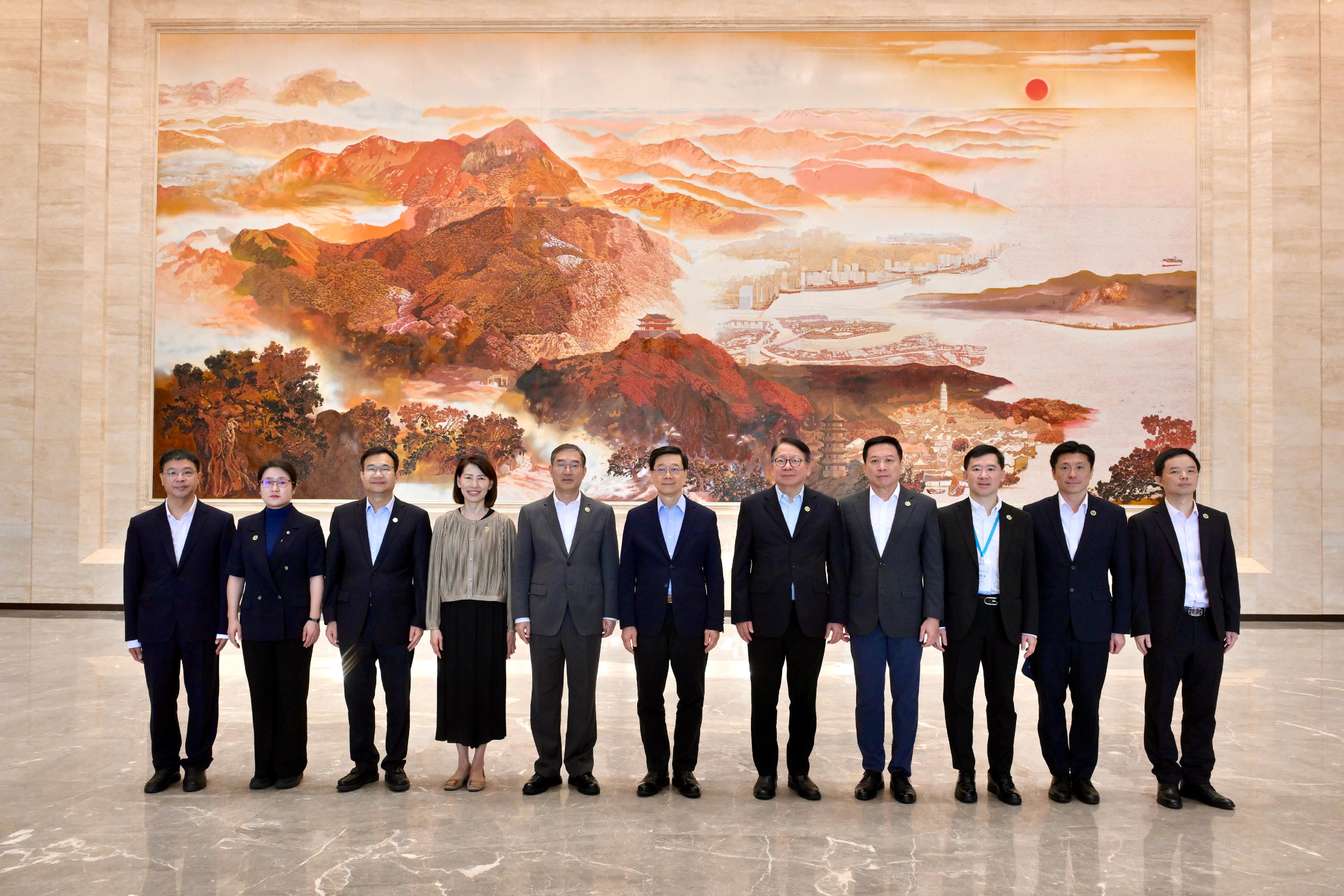 The Chief Executive, Mr John Lee, visited the 30th Anniversary Achievement Exhibition of "3820" Strategic Project in Fujian today (June 24). Photo shows (from fourth left) the Director of the Chief Executive's Office, Ms Carol Yip; Vice Governor of Fujian Province Mr Zhao Zenglian; Mr Lee; the Chief Secretary for Administration, Mr Chan Kwok-ki, and other guests at the exhibition.
