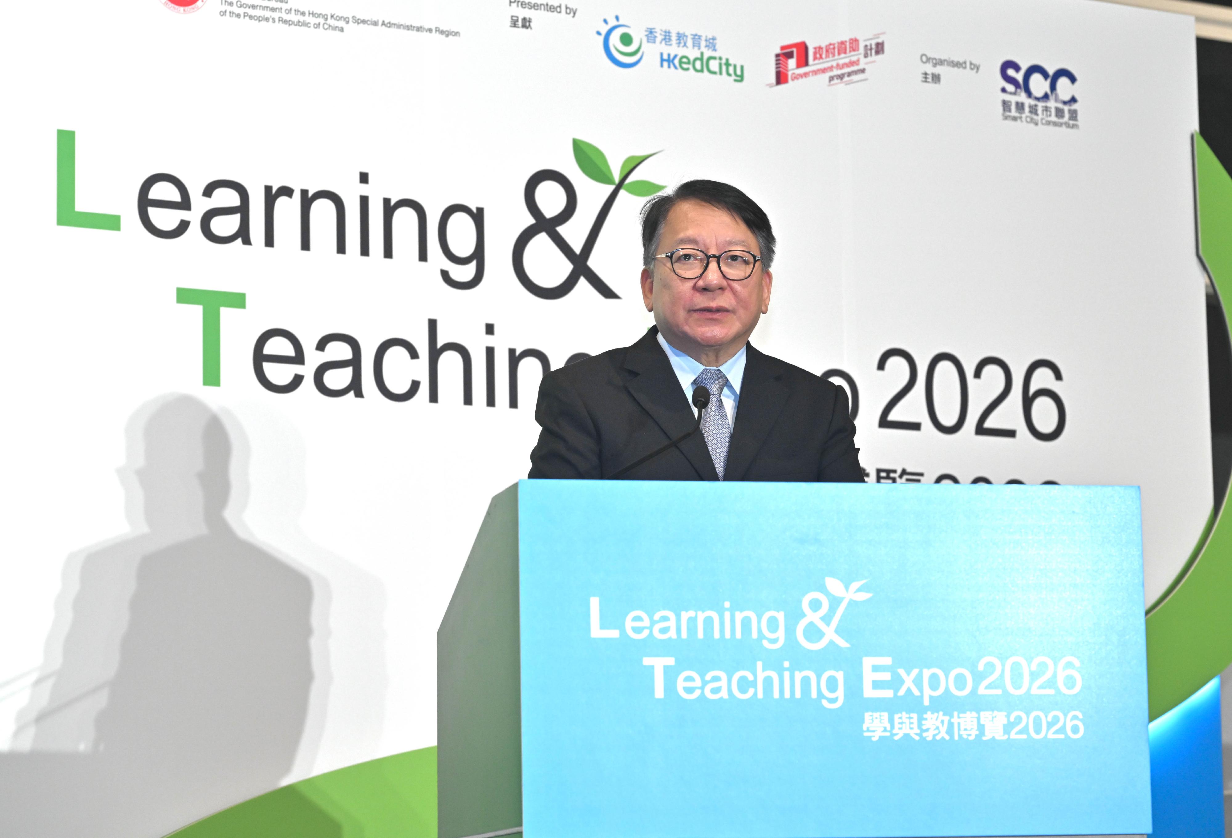 The Chief Secretary for Administration, Mr Chan Kwok-ki, speaks at the opening ceremony of the Learning and Teaching Expo 2026 today (June 25). 