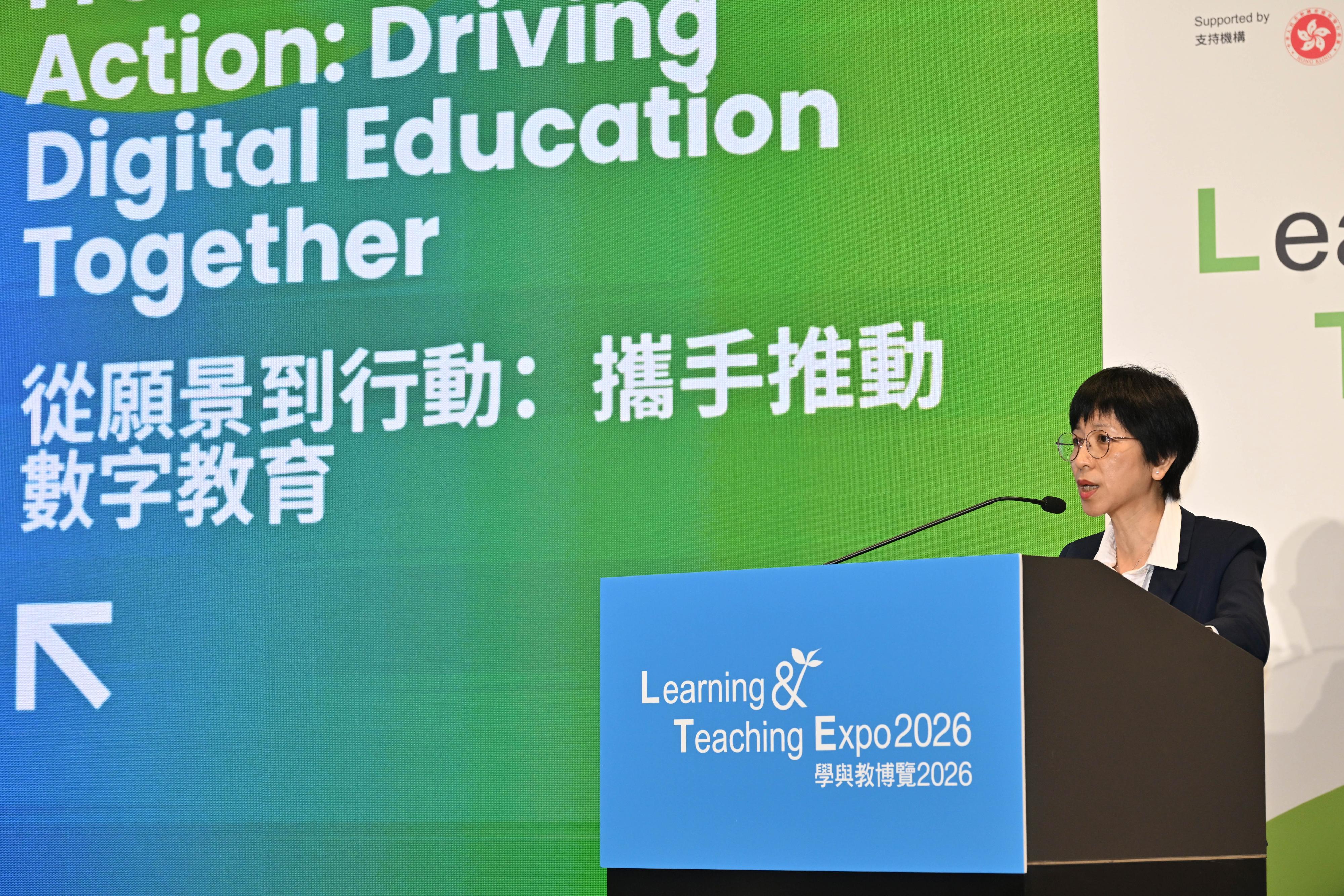 The second Digital Education Week, held for seven consecutive days from June 21, has concluded today (June 27). Photo shows the Principal Assistant Secretary (Innovation Technology Education) of the Education Bureau, Ms Edith Tse, delivering a keynote speech on the details of the Blueprint for Digital Education Development in Primary and Secondary Schools at the Learning & Teaching Expo 2026.
