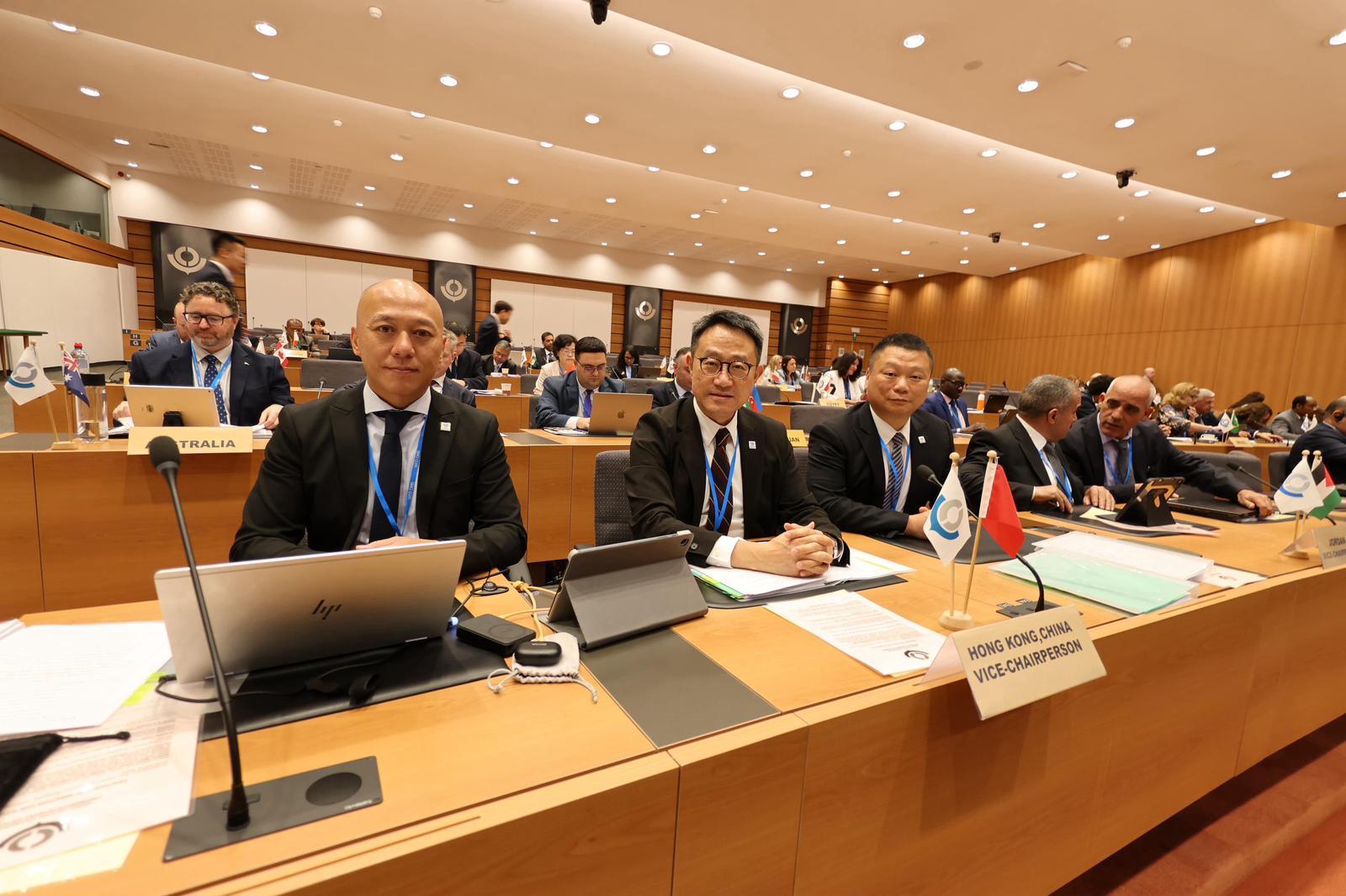 The Commissioner of Customs and Excise, Mr Chan Tsz-tat, from June 22 to yesterday (June 27), led a delegation to attend the 94th Session of the Policy Commission and the 147th/148th Customs Co-operation Council Sessions of the World Customs Organization (WCO) in Brussels, Belgium. Photo shows Mr Chan (centre) and the Assistant Commissioner (WCO) of Customs and Excise, Mr Li Kin-kei (left) attending the 94nd Session of the Policy Commission.