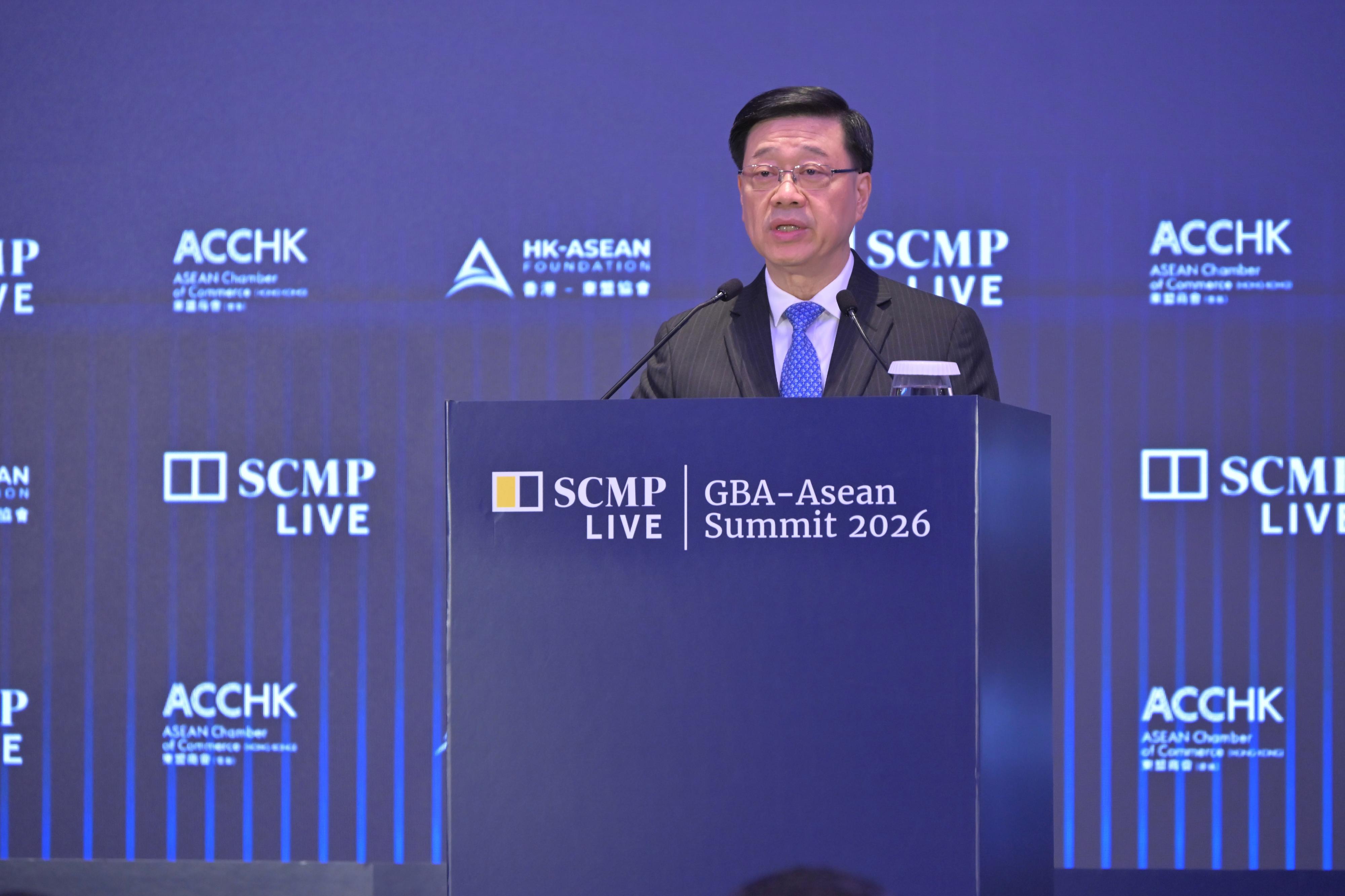 The Chief Executive, Mr John Lee, speaks at the South China Morning Post GBA-Asean Summit 2026 today (June 30).