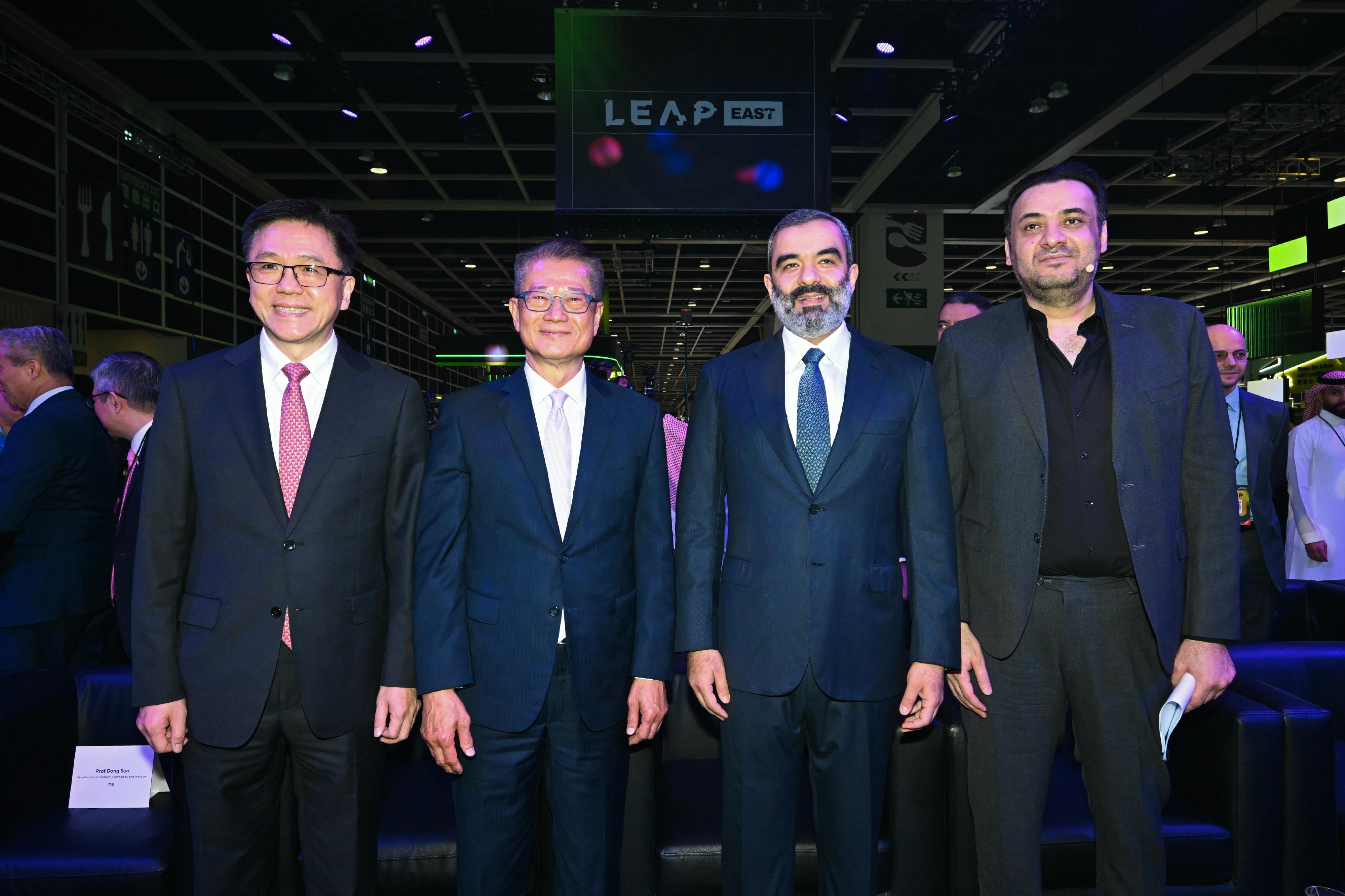 The Financial Secretary, Mr Paul Chan, attended the LEAP East 2026 opening ceremony today (July 8). Photo shows (from left) the Secretary for Innovation, Technology and Industry, Professor Sun Dong; Mr Chan; and the Minister of Communications and Information Technology of Saudi Arabia, Mr Abdullah Alswaha, at the ceremony.