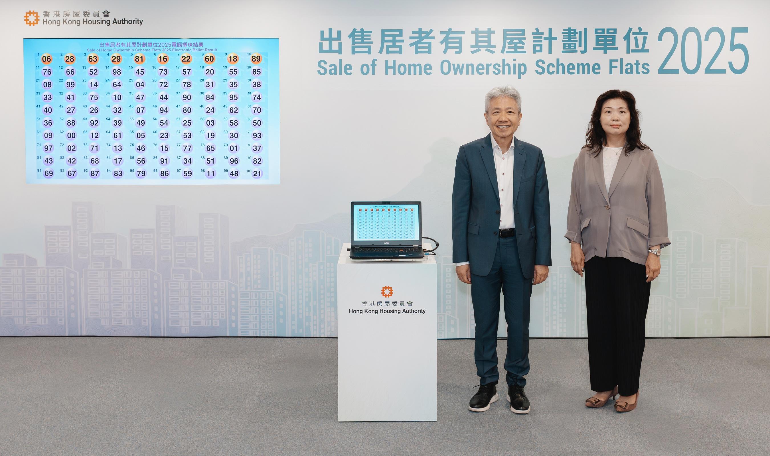 The Chairman of the Subsidised Housing Committee of the Hong Kong Housing Authority, Professor Stephen Cheung (left), accompanied by the Assistant Director of Housing (Housing Subsidies), Ms Carol Kong (right), officiates at the electronic ballot-drawing ceremony today (July 10) for the Sale of Home Ownership Scheme Flats 2025. The ballot results will determine the applicants' priority sequence based on the last two digits of their application numbers and the extra ballot numbers (if any).