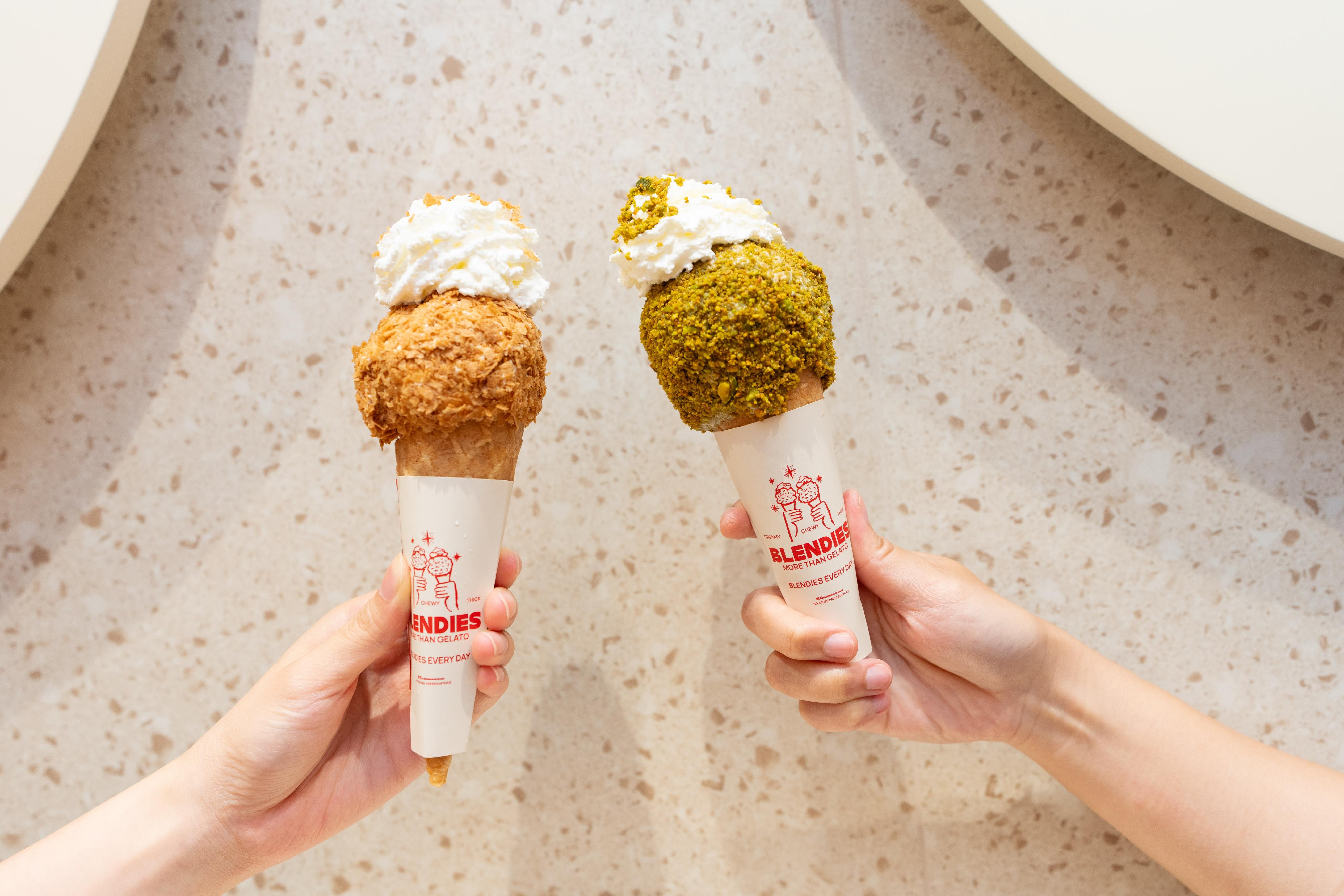 Invest Hong Kong today (July 10) announced the opening of Thailand gelato brand Blendies' first overseas store, at K11 Art Mall in Tsim Sha Tsui. Photo shows the new Hong Kong-exclusive Napoleon egg tart flavoured cone and the brand's signature pistachio flavoured cone.