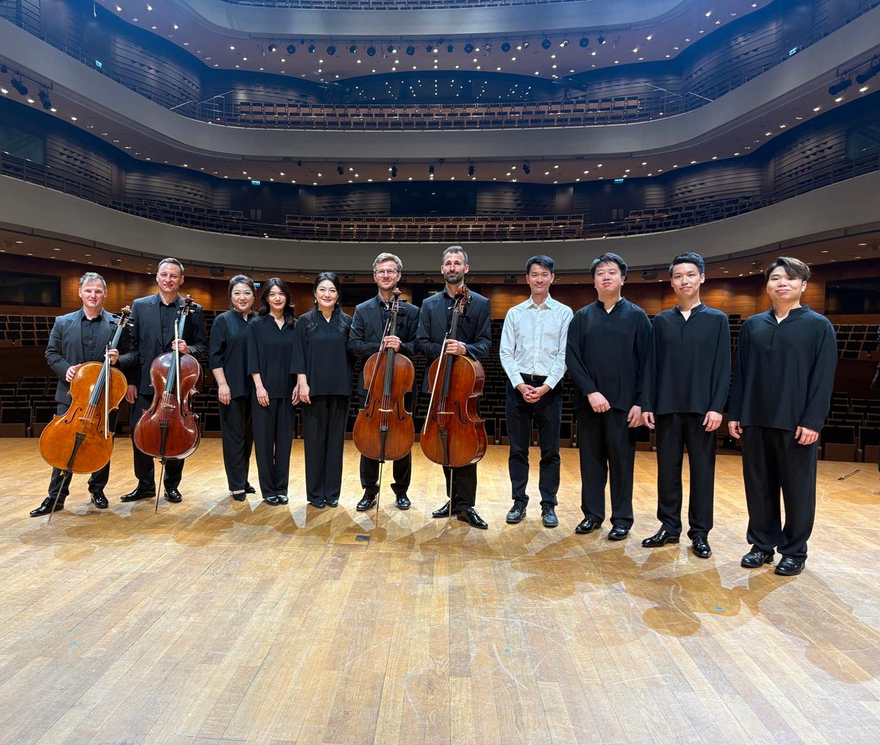 The Hong Kong Economic and Trade Office in Berlin (HKETO Berlin) supported the concert by Hong Kong Chinese Orchestra (HKCO) held in Wrocław, Poland, on July 10 (Wrocław time). Photo shows the Acting Director of the HKETO Berlin, Mr Billy Leung (fourth right), and members of the HKCO and the Polish Cello Quartet.