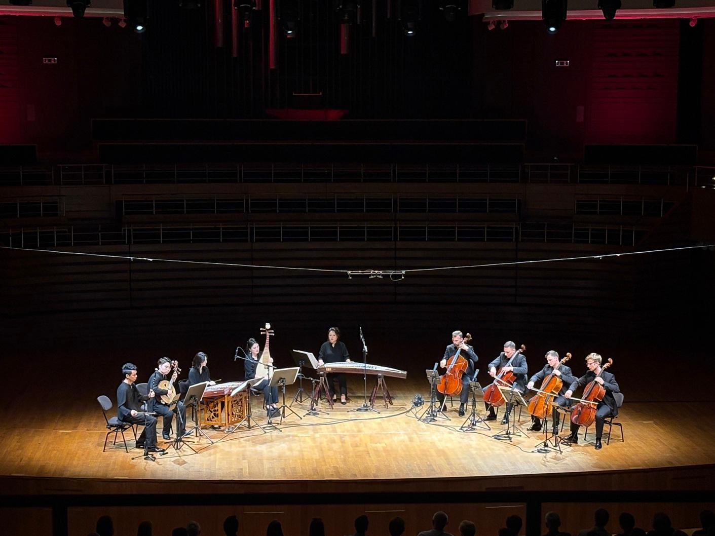 The Hong Kong Economic and Trade Office in Berlin supported the concert by Hong Kong Chinese Orchestra (HKCO) held in Wrocław, Poland, on July 10 (Wrocław time). Photo shows the HKCO performing on stage with the Polish Cello Quartet.